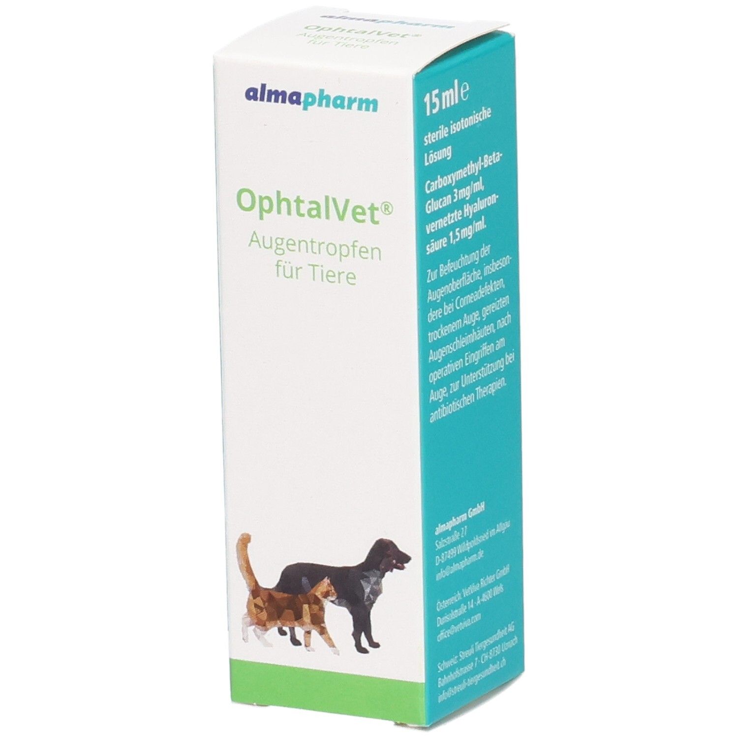 Almapharm OphtalVet Augentropfen für Tiere Verpackung mit Abbildungen von Katze und Hund.