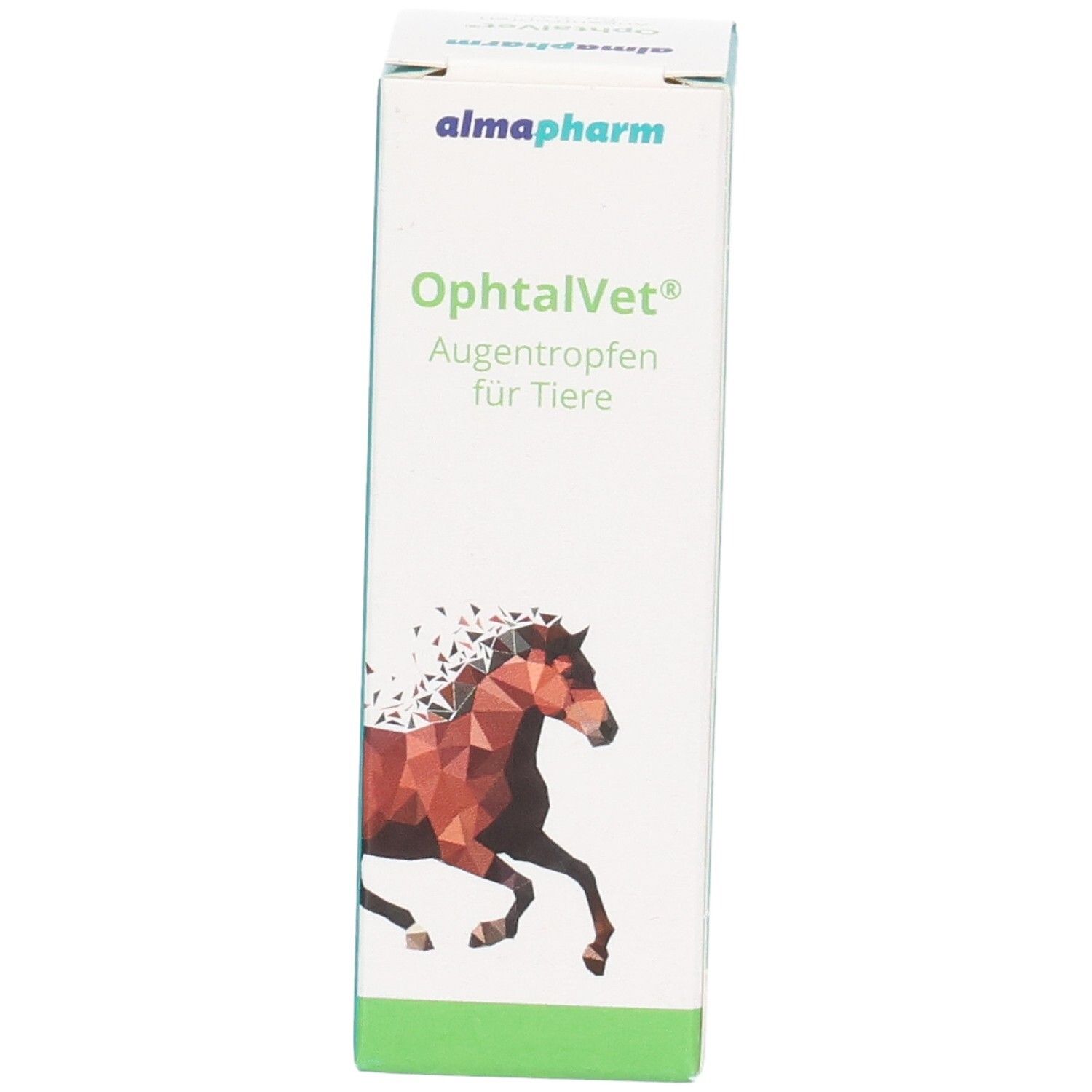 Almapharm OphtalVet Augentropfen für Tiere Verpackung mit Pferdeabbildung und Produktname.
