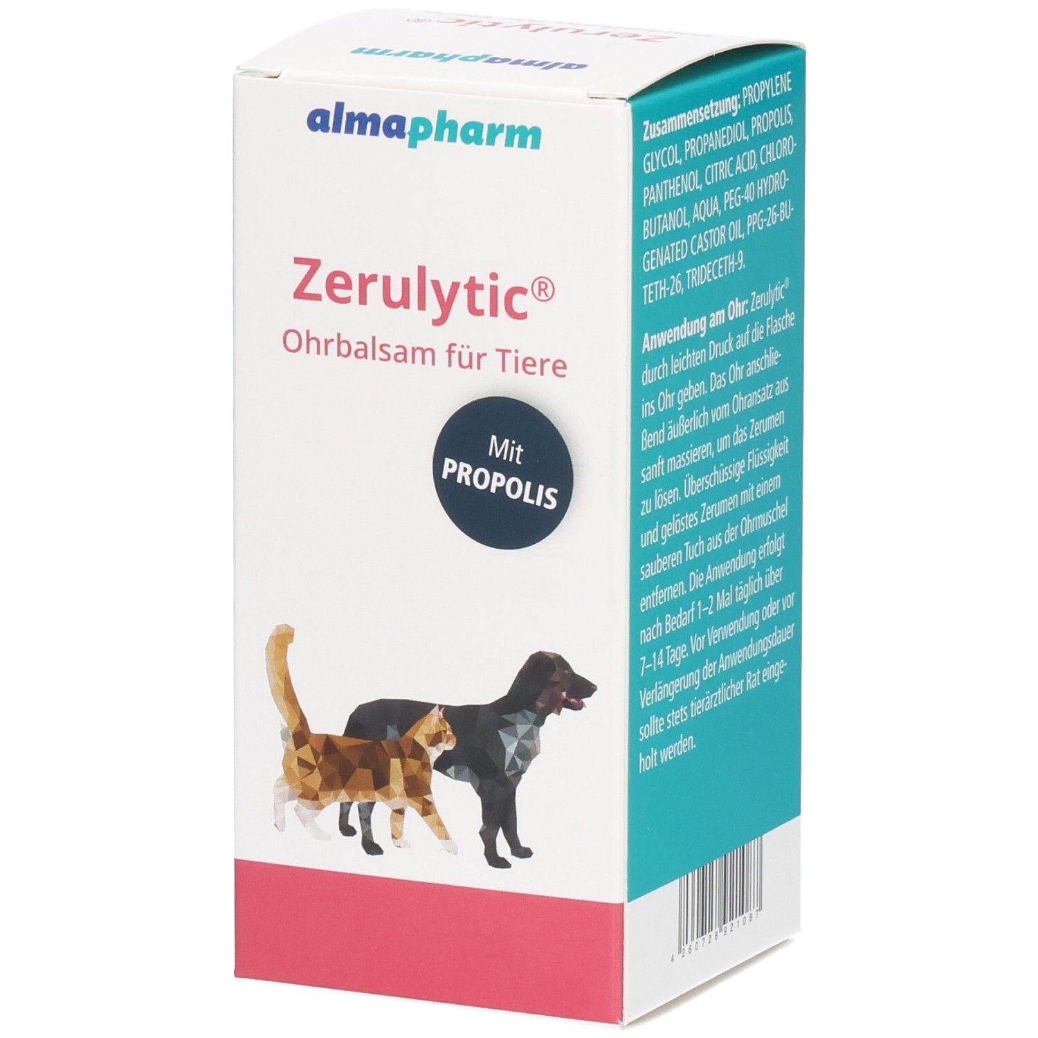 Zerulytic Ohrbalsam für Tiere Karton mit Katzen- und Hundebildern, enthält Propolis.