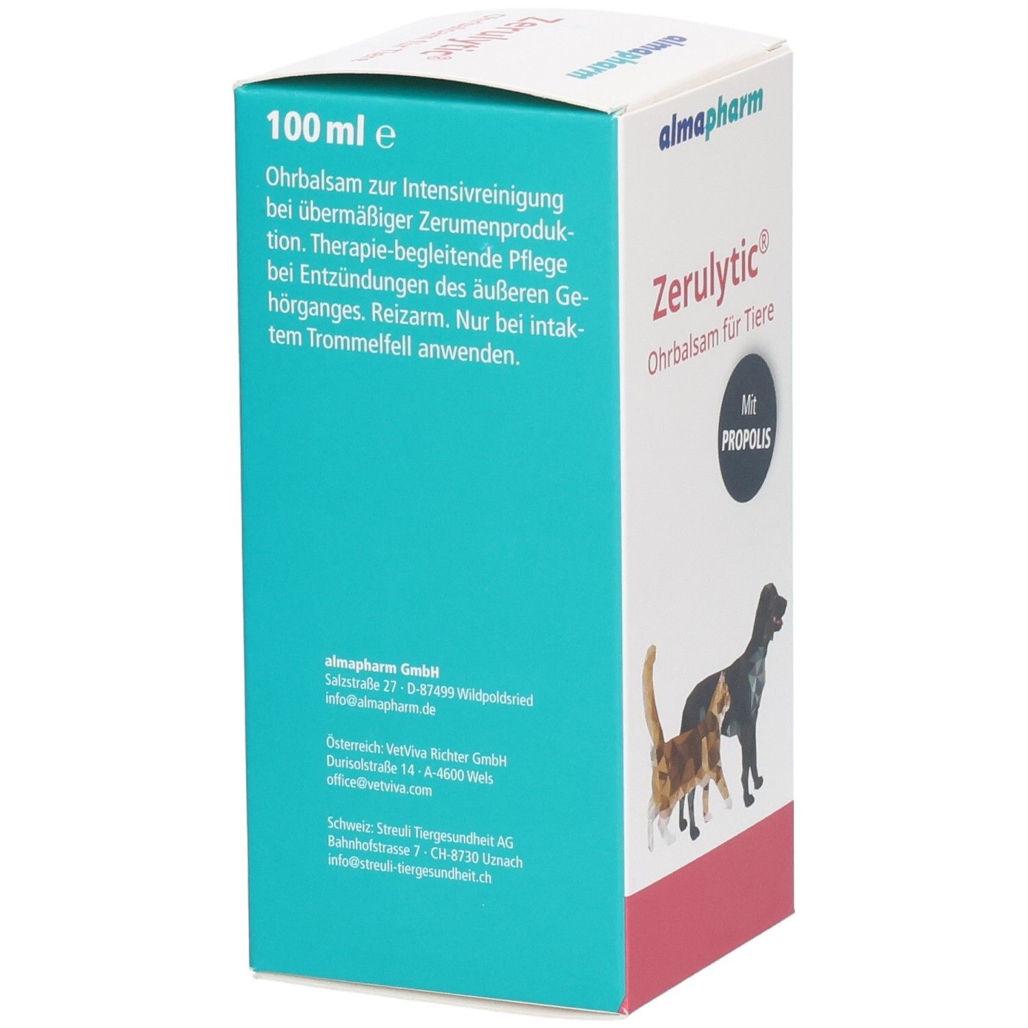 Zerulytic Ohrbalsam für Tiere Karton, Rückseite mit Anwendungshinweisen und Herstellerinformationen.