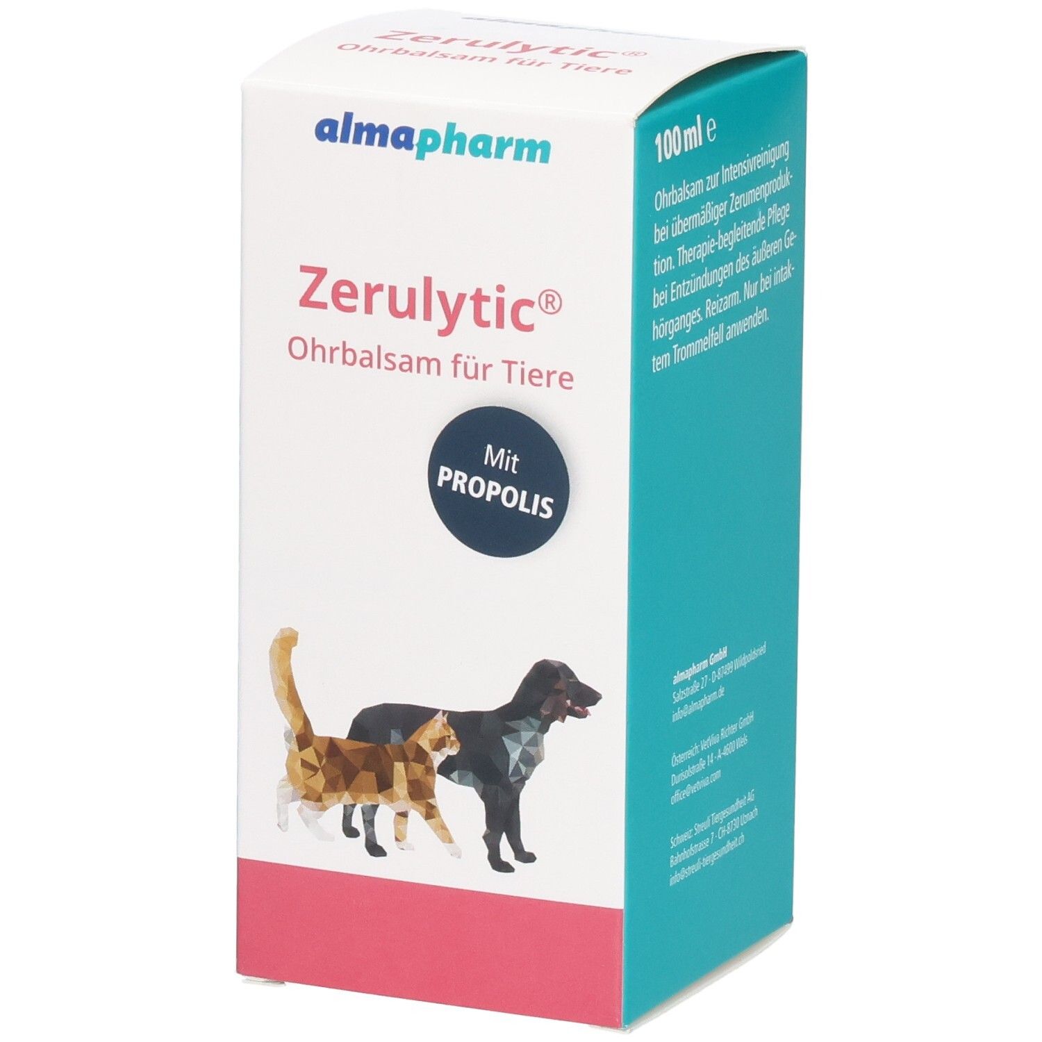 Zerulytic Ohrbalsam für Tiere Karton, Vorderseite mit Produktnamen, Katzen- und Hundebildern.