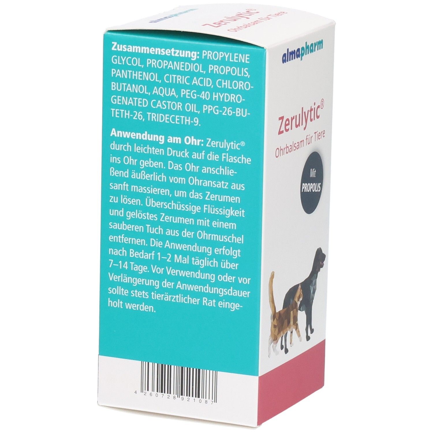 Zerulytic Ohrbalsam für Tiere Karton, Seite mit detaillierter Zusammensetzung und Anwendung.