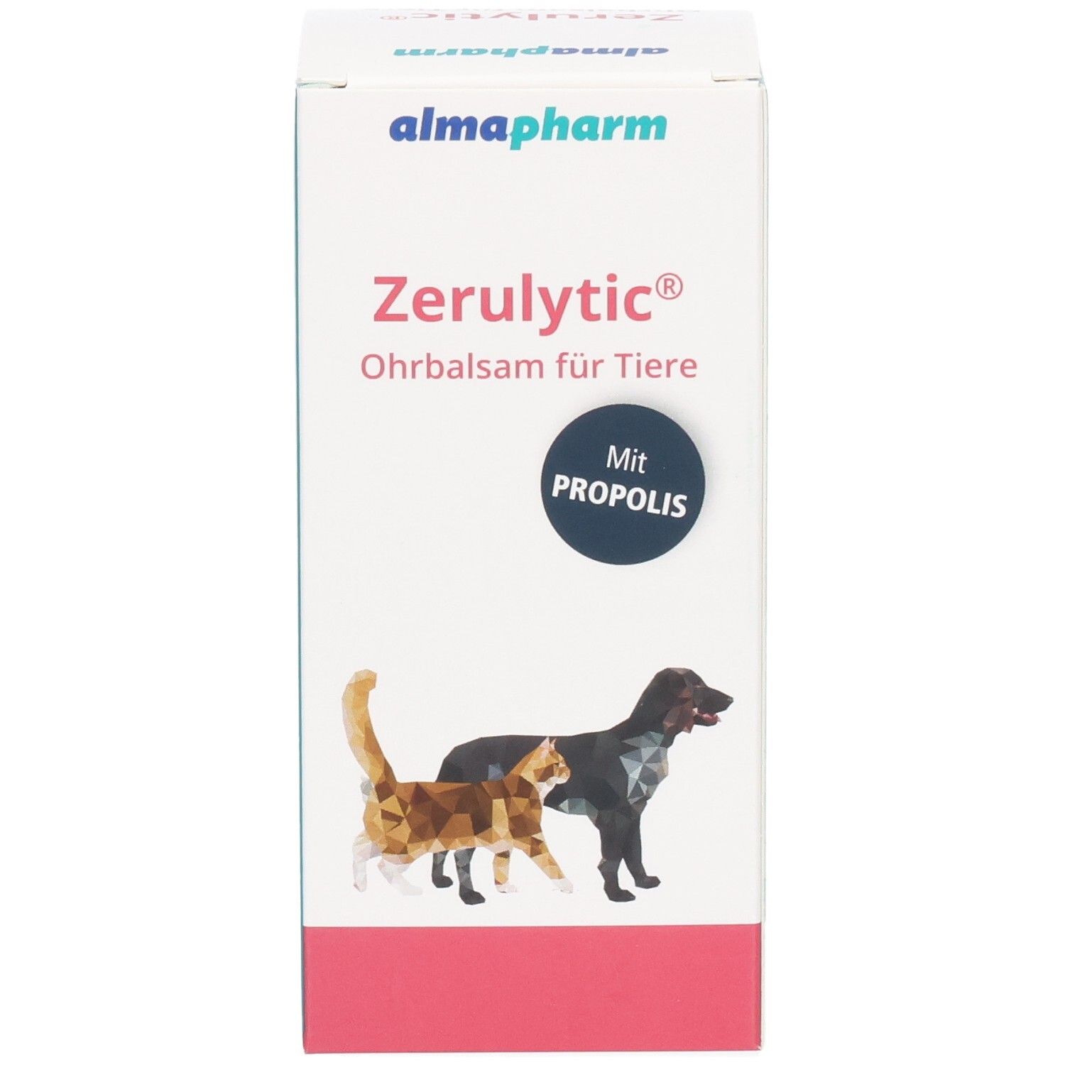 Zerulytic Ohrbalsam für Tiere Karton, Vorderseite mit Produktnamen, Katzen- und Hundebildern.