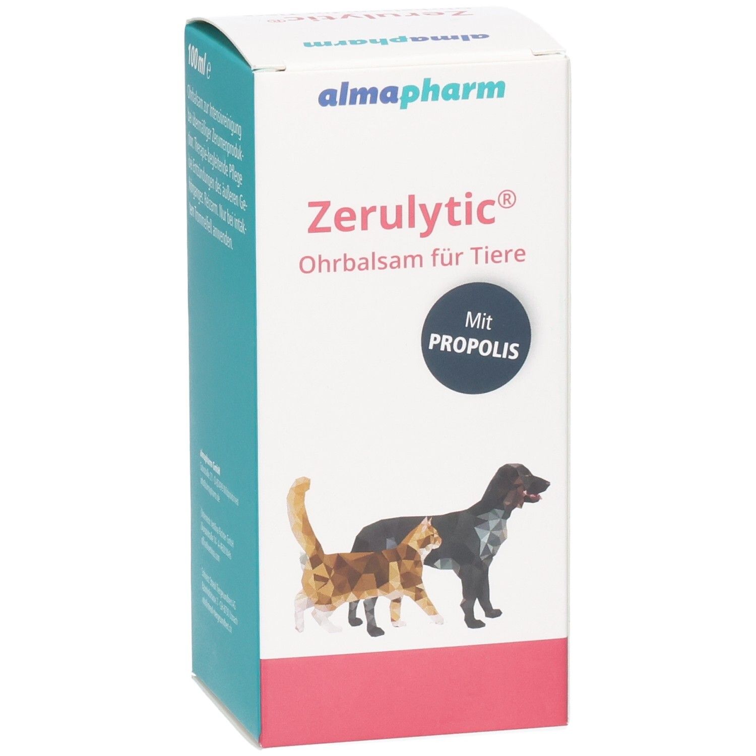 Zerulytic Ohrbalsam für Tiere Karton, Vorderseite mit Produktnamen, Katzen- und Hundebildern.