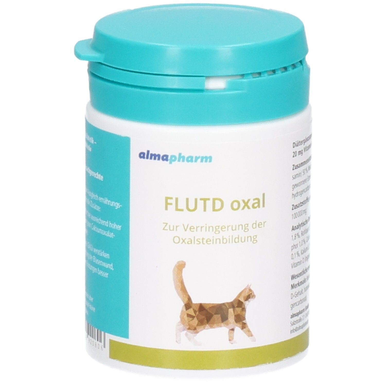 almapharm FLUTD oxal Katze: Dose mit Tabletten zur Verringerung der Oxalsteinbildung. Mit Katzengrafik.