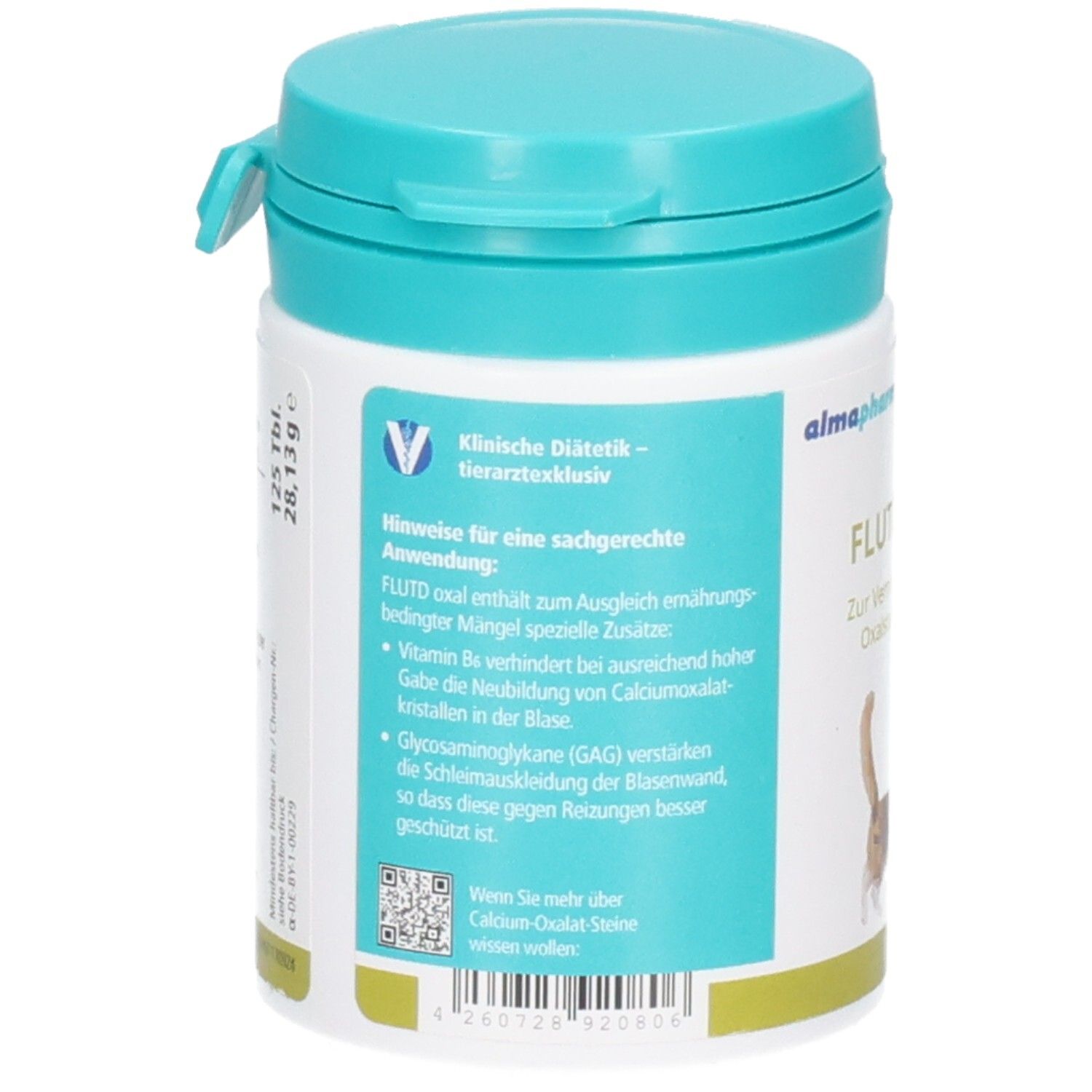Rückseite Dose almapharm FLUTD oxal: Klinische Diätetik, Hinweise zur Anwendung und Zusammensetzung. Mit QR-Code.