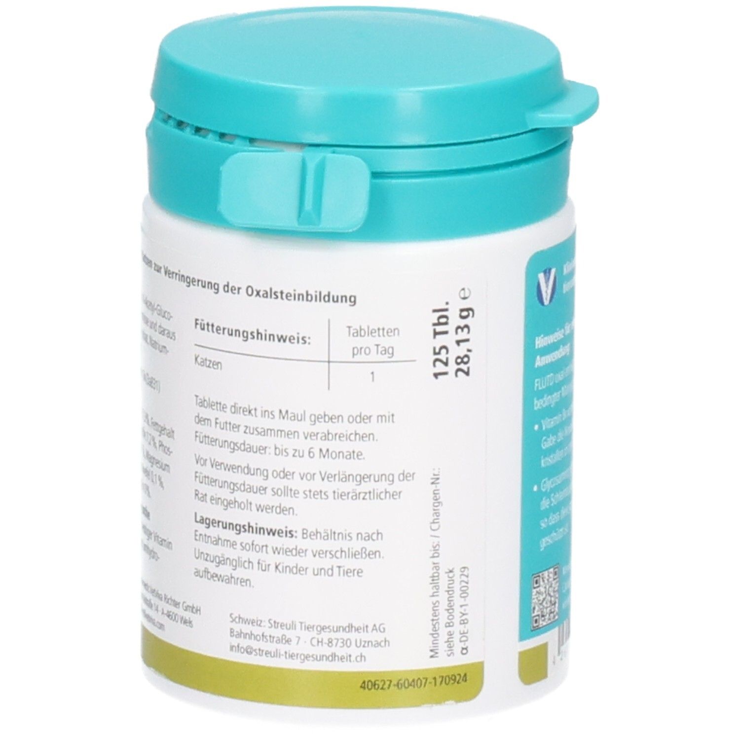 Seite Dose almapharm FLUTD oxal: Fütterungshinweis, Lagerungshinweis, Herstellerangaben und Barcode.