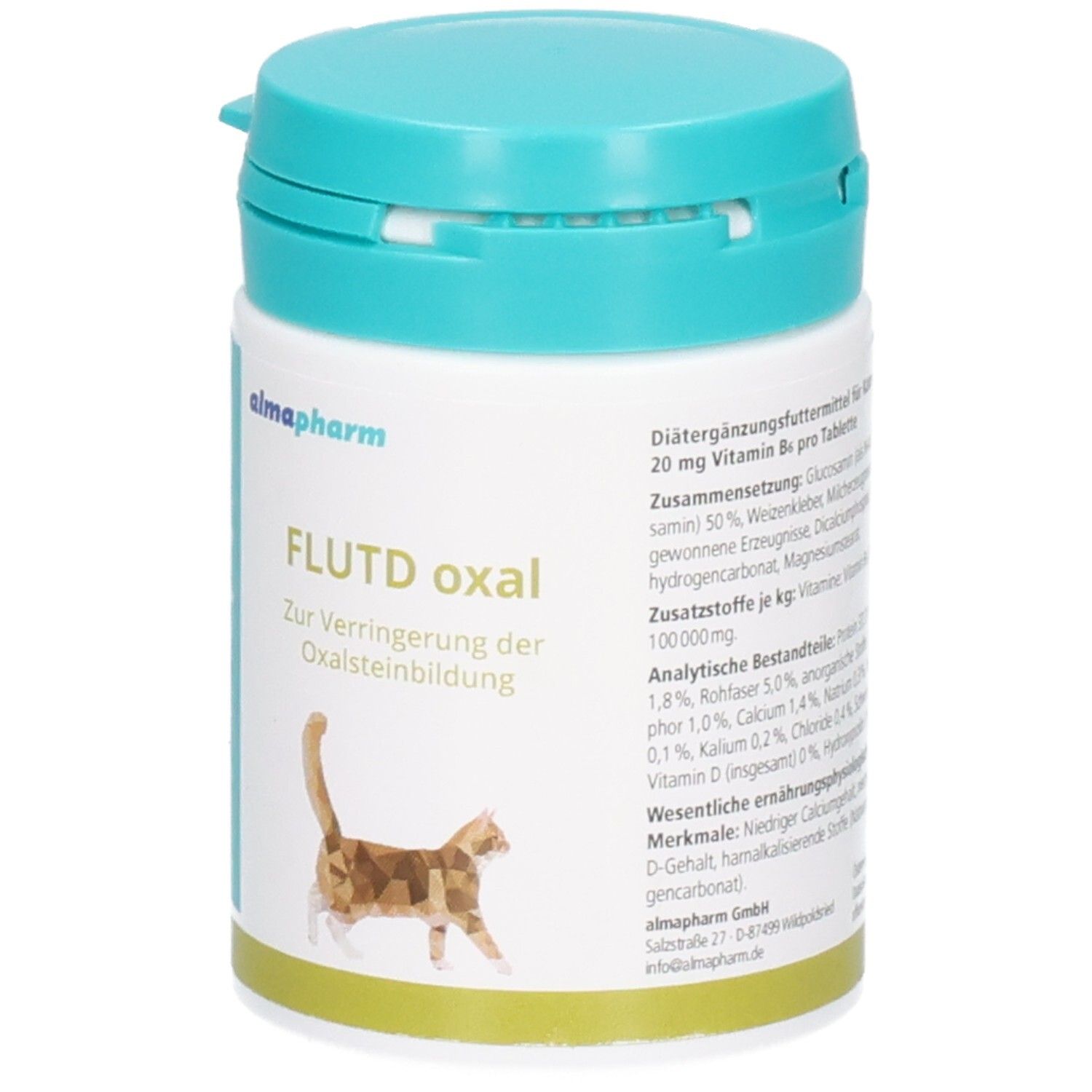 Vorderseite Dose almapharm FLUTD oxal: Zutaten und analytische Bestandteile für Katzen. Mit Katzengrafik.