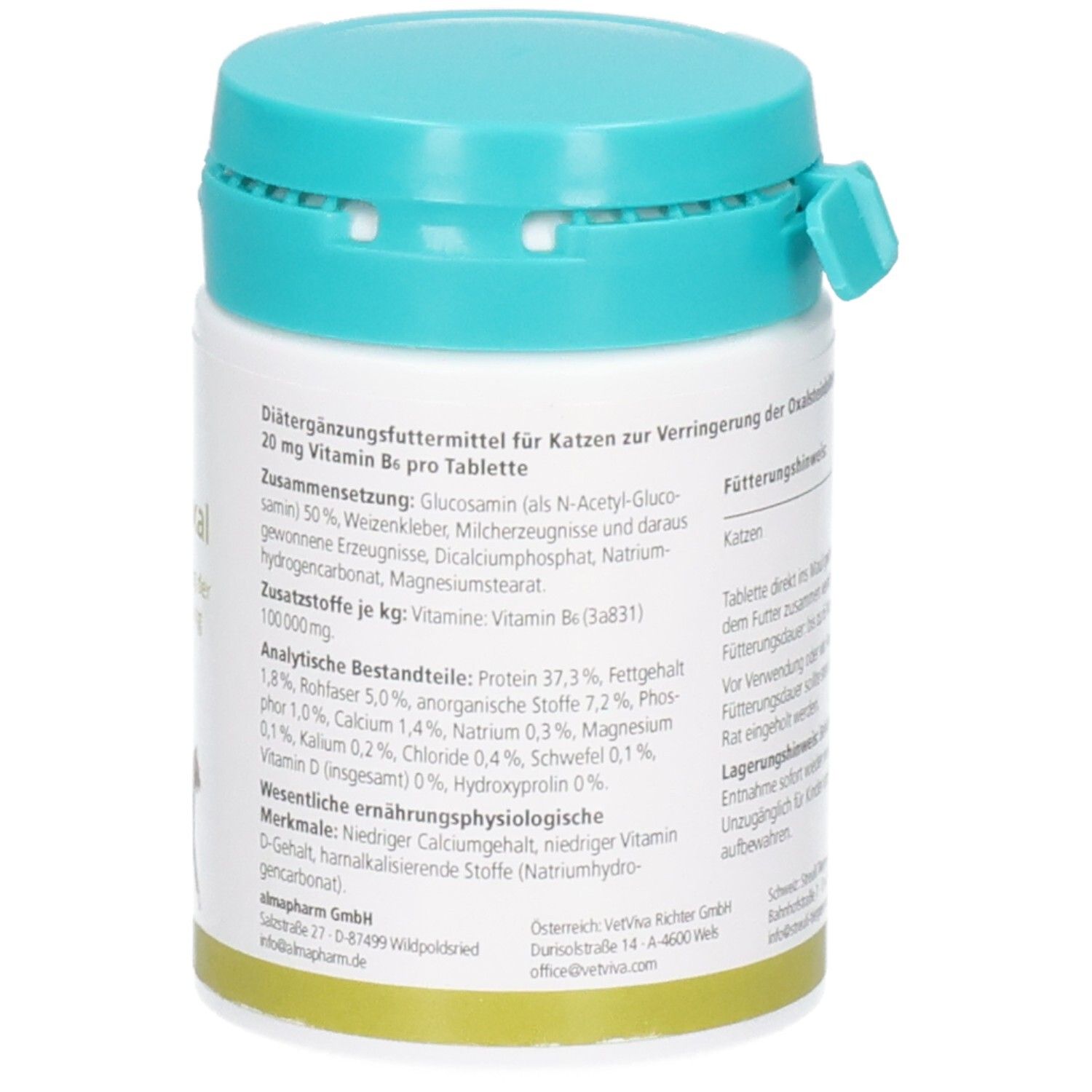 Rückseite Dose almapharm FLUTD oxal: Zusammensetzung, Zusatzstoffe, analytische Bestandteile und Merkmale.