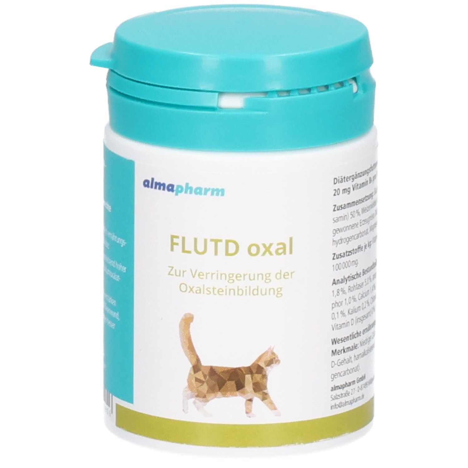 Dose almapharm FLUTD oxal für Katzen: Diätfuttermittel zur Verringerung der Oxalsteinbildung. Mit Katzengrafik.