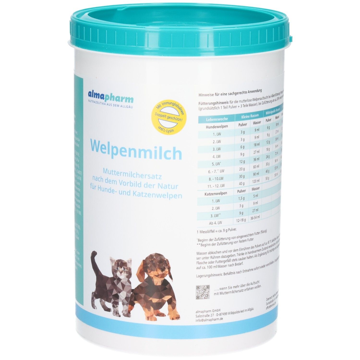 Almapharm Welpenmilch: Pulverbehälter mit Deckel, zeigt Kätzchen und Welpen. Enthält Fütterungsempfehlungen und Produktinformationen.