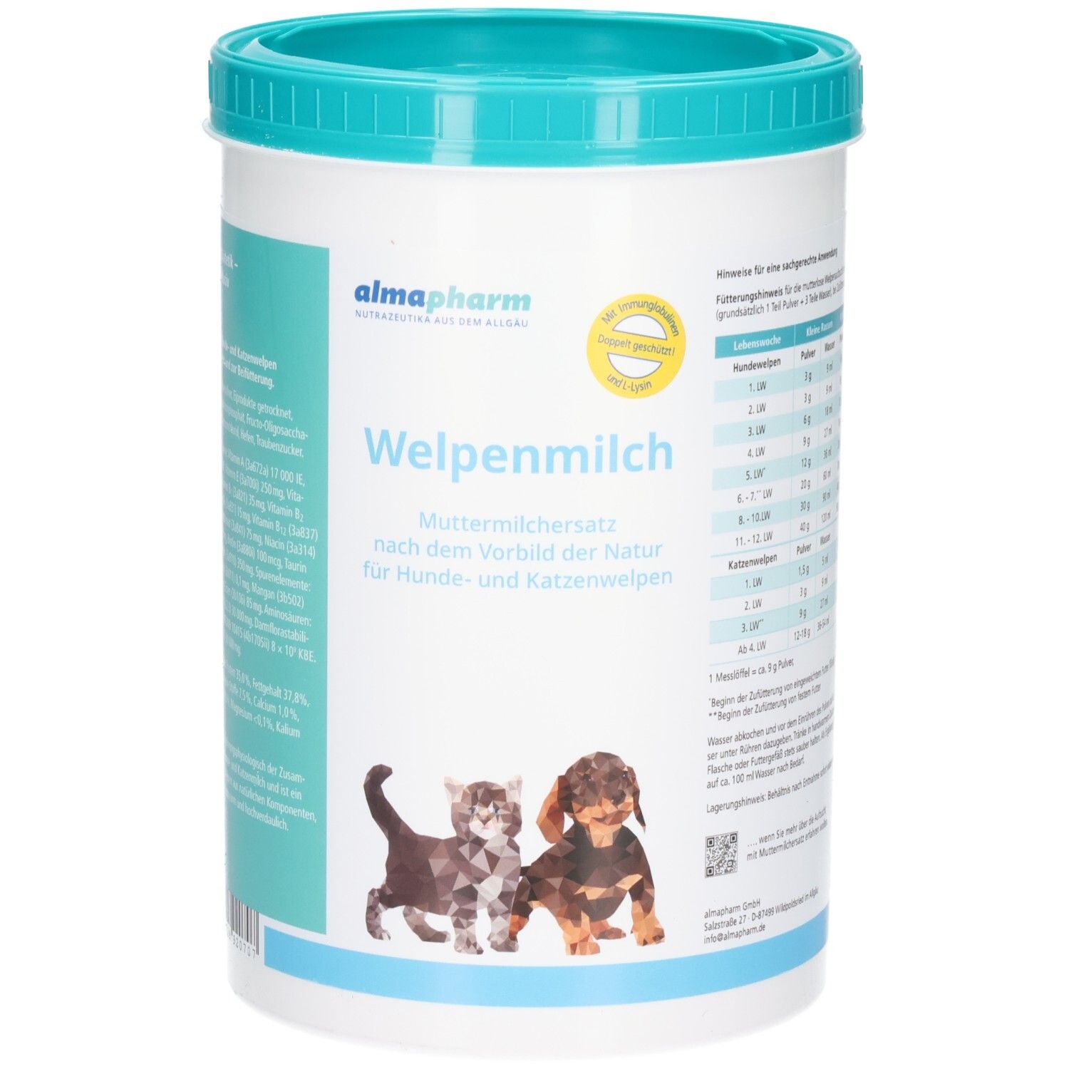 Almapharm Welpenmilch: Pulverbehälter mit Deckel, zeigt Kätzchen und Welpen. Enthält Fütterungsempfehlungen und Produktinformationen.