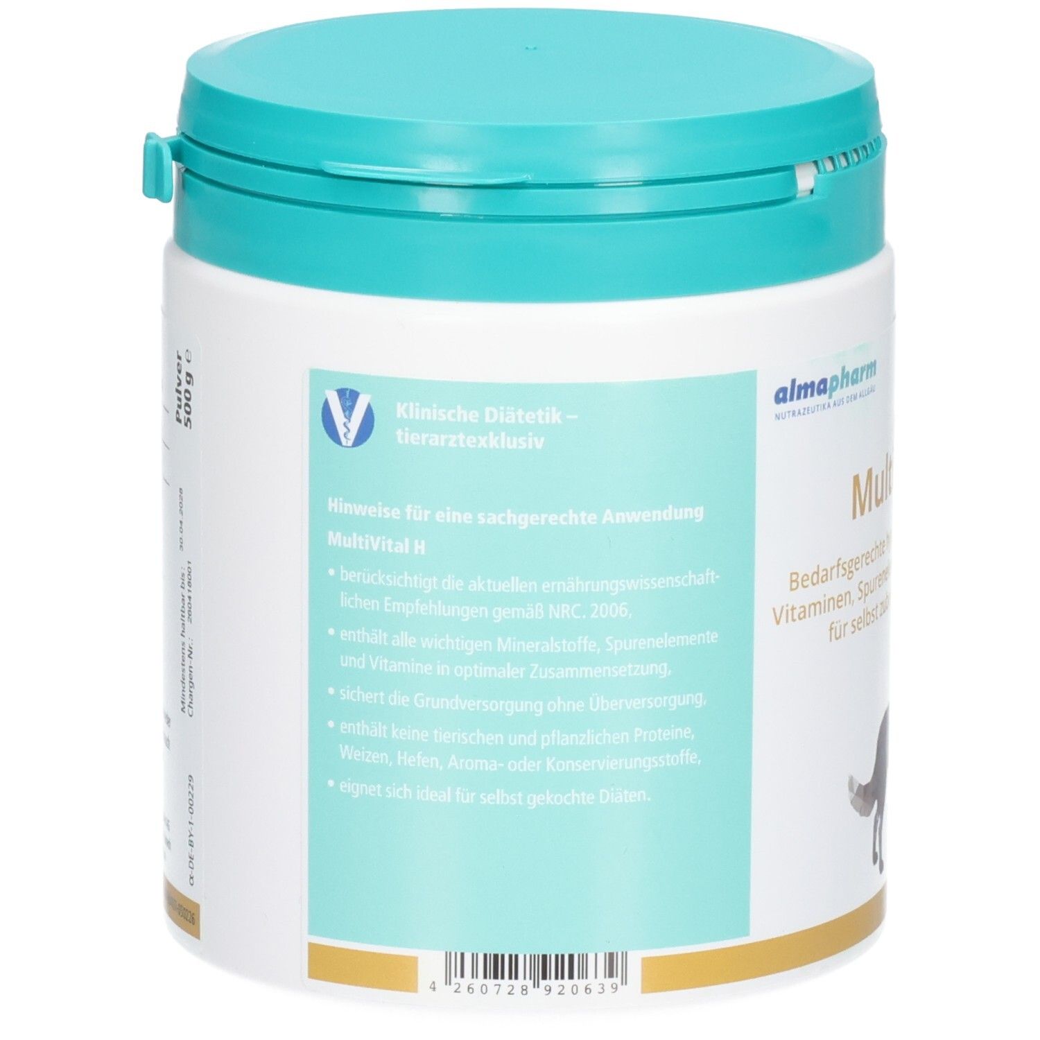 Almapharm MultiVital H Rückseite: Klinische Diätetik, hypoallergene Mischung für Hunde.
