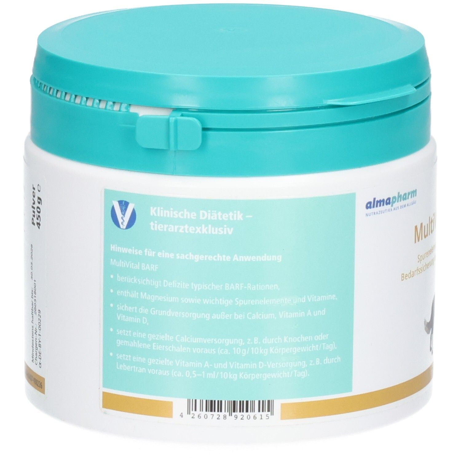 Rückseite einer Almapharm MultiVital BARF Dose mit Nährwertangaben und Siegeln.