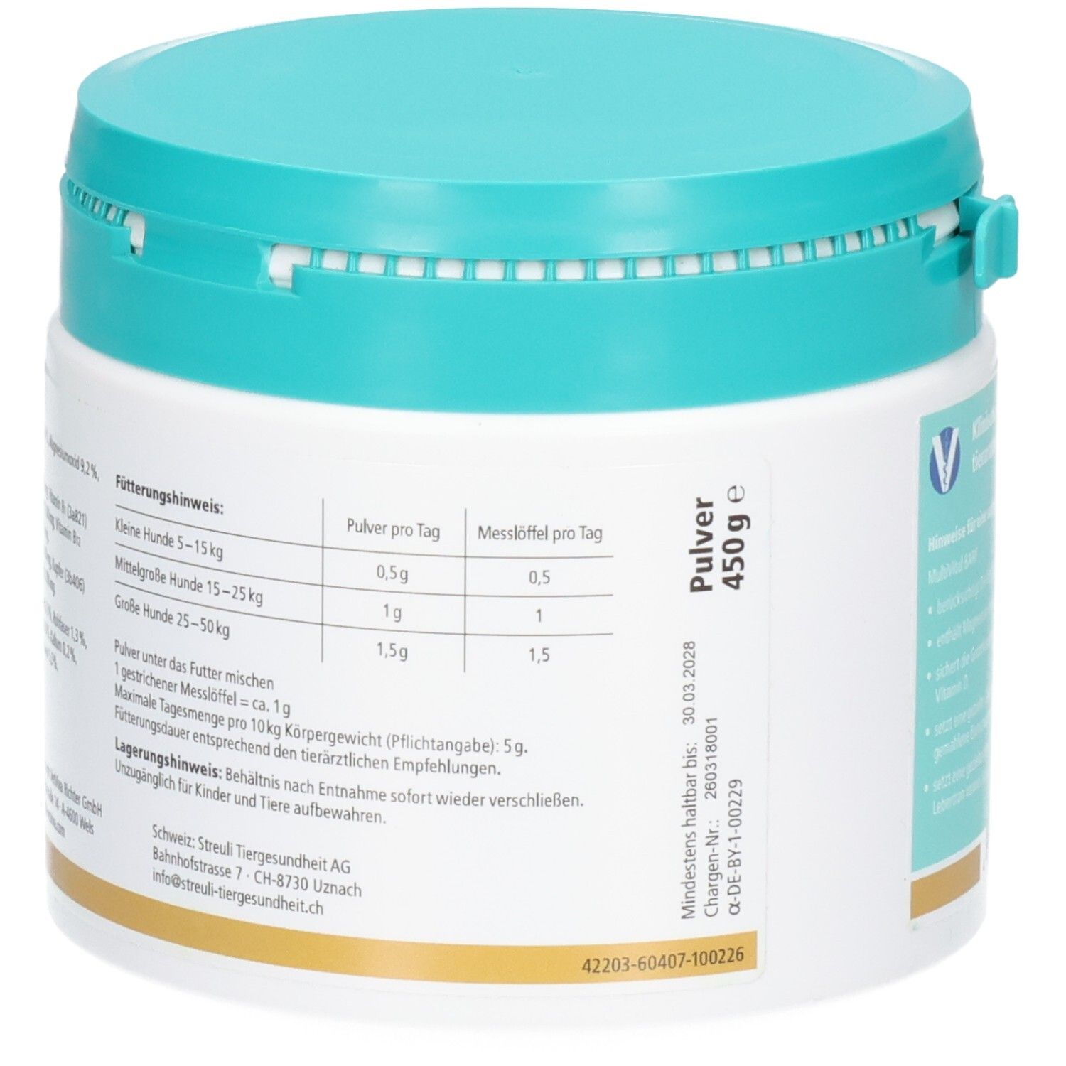 Seite einer Almapharm MultiVital BARF Dose mit Dosierungstabelle und Haltbarkeitsdatum.