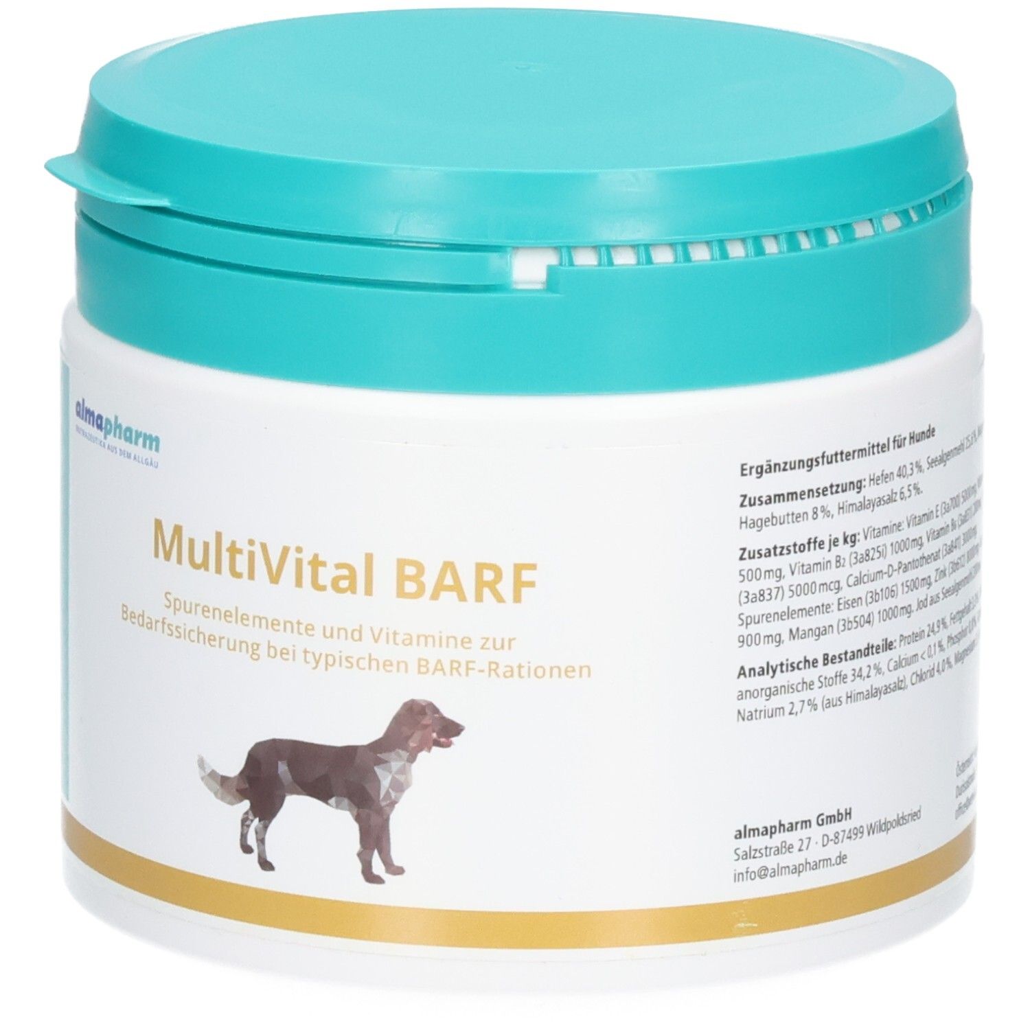 Almapharm MultiVital BARF Dose mit türkisfarbenem Deckel, Hundemotiv und Produktinformationen.