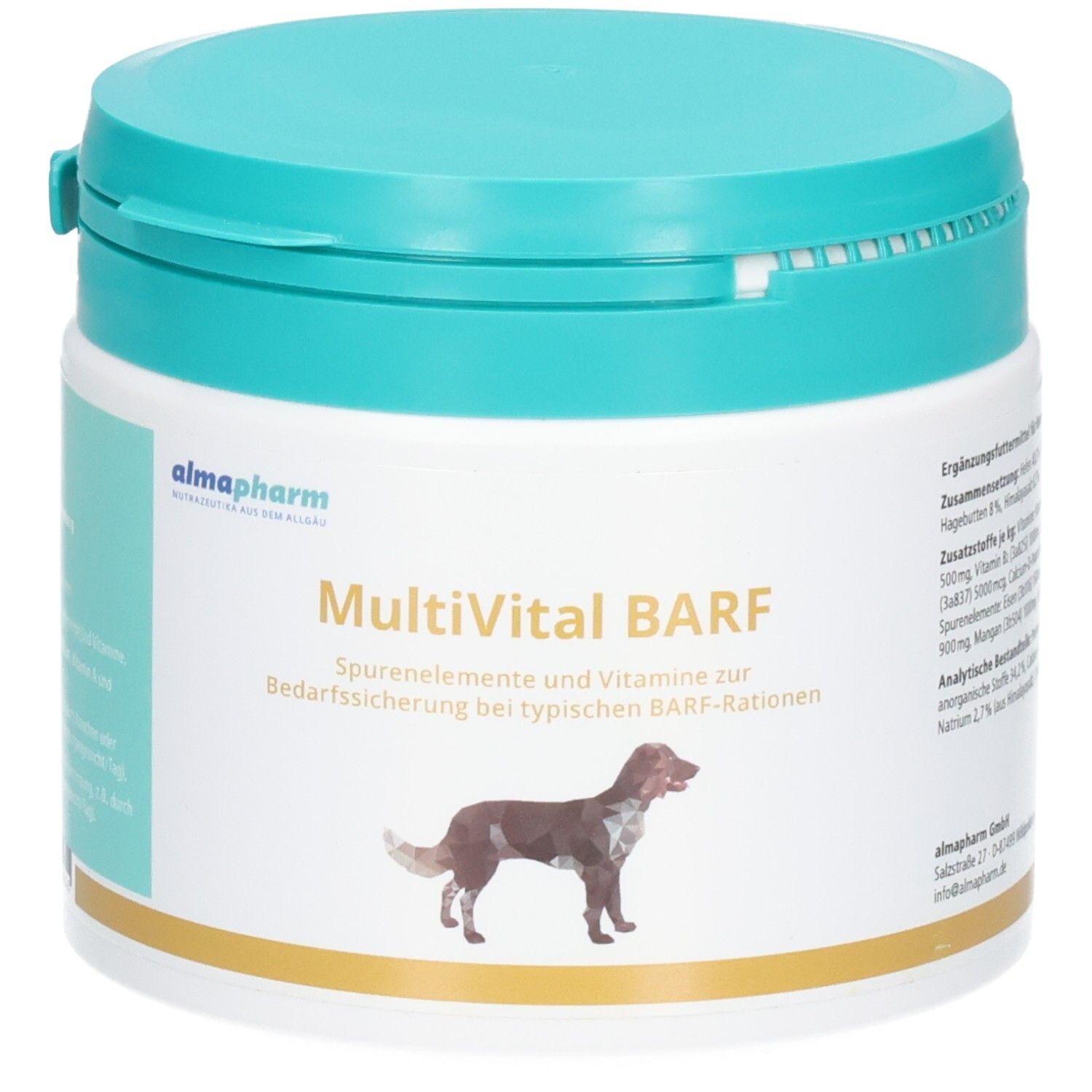 Almapharm MultiVital BARF Dose mit türkisfarbenem Deckel, Hundemotiv und detaillierten Produktinfos.