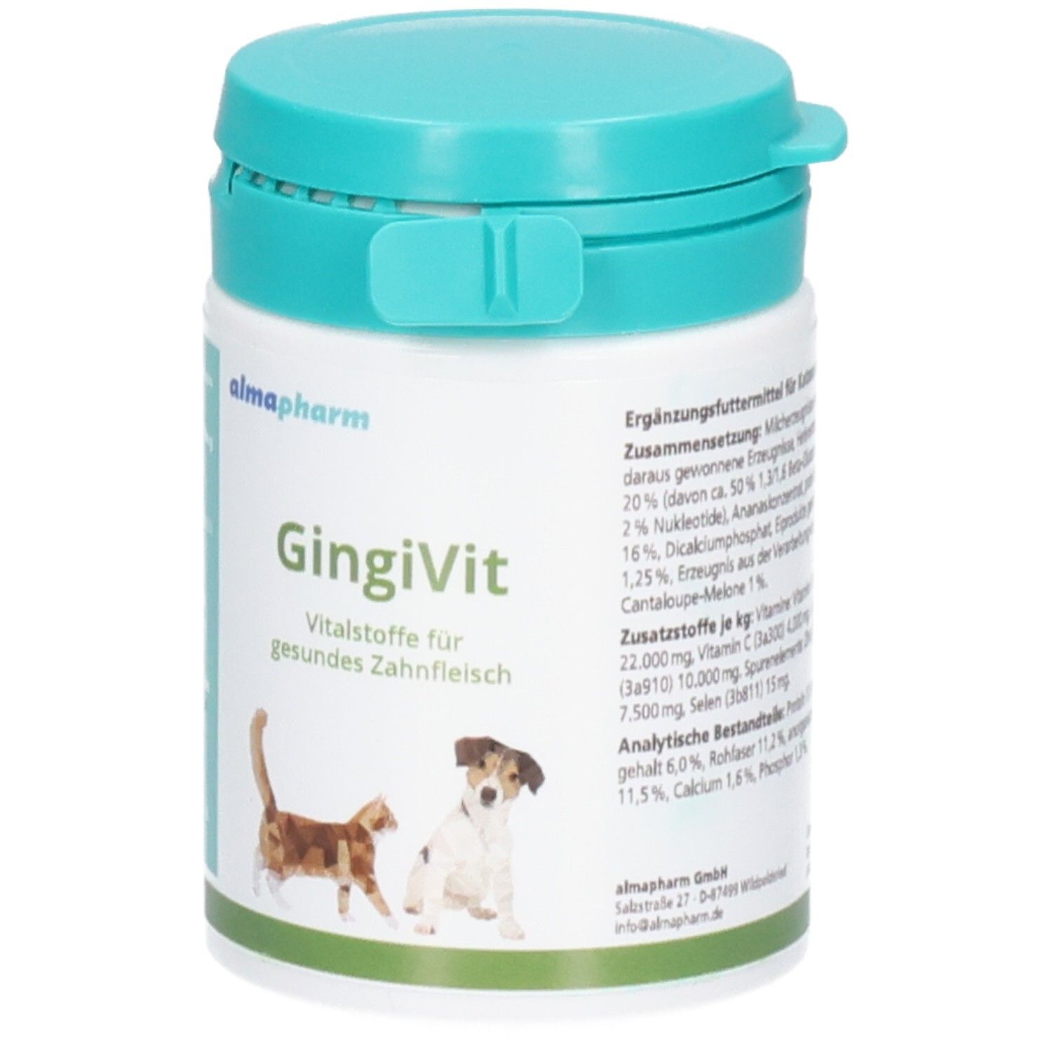 Gingivit Dose mit Hund- und Katzensymbol. Ergänzungsfuttermittel für gesundes Zahnfleisch.