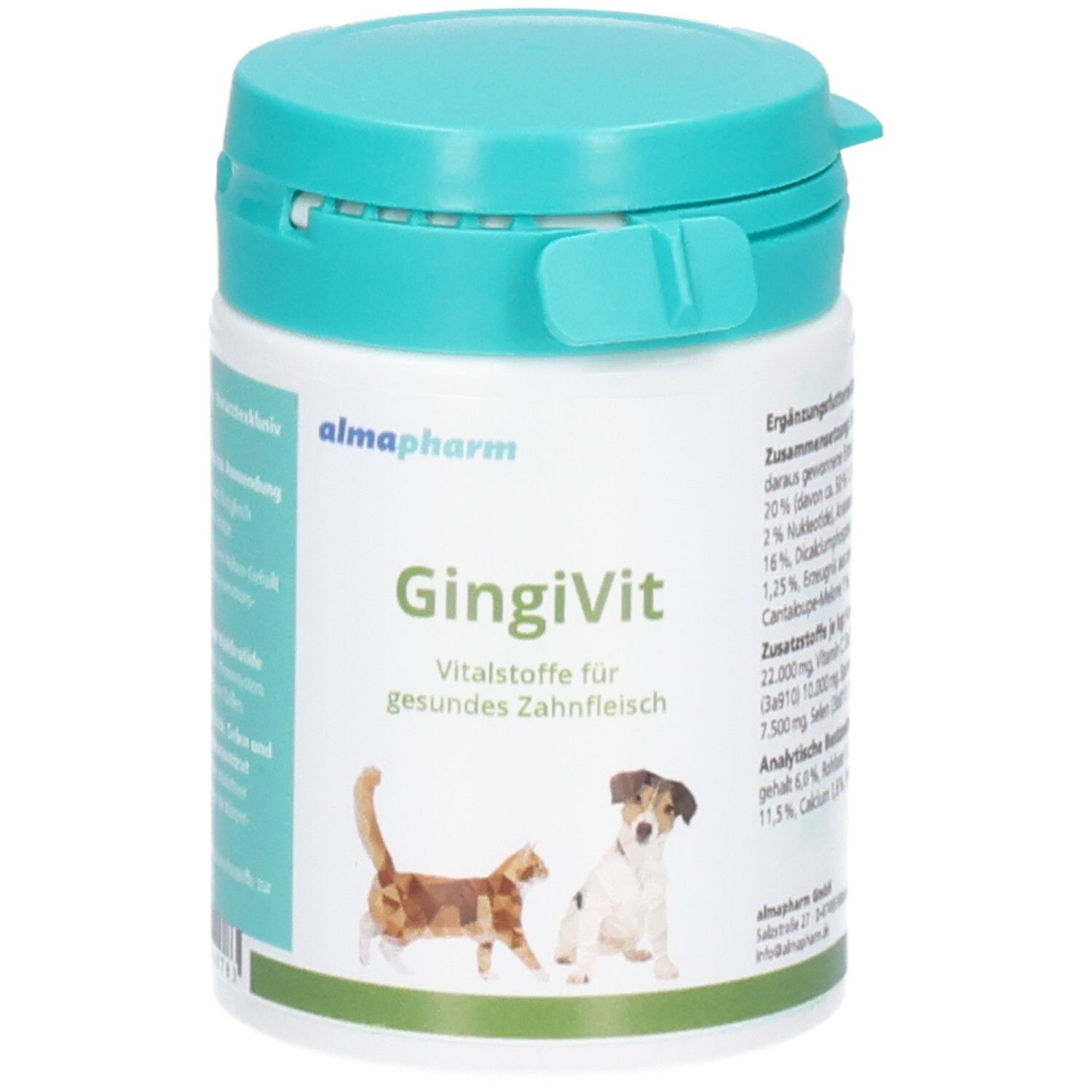 Almapharm Gingivit Behälter mit türkisfarbenem Deckel. Zeigt eine Katze und einen Hund.