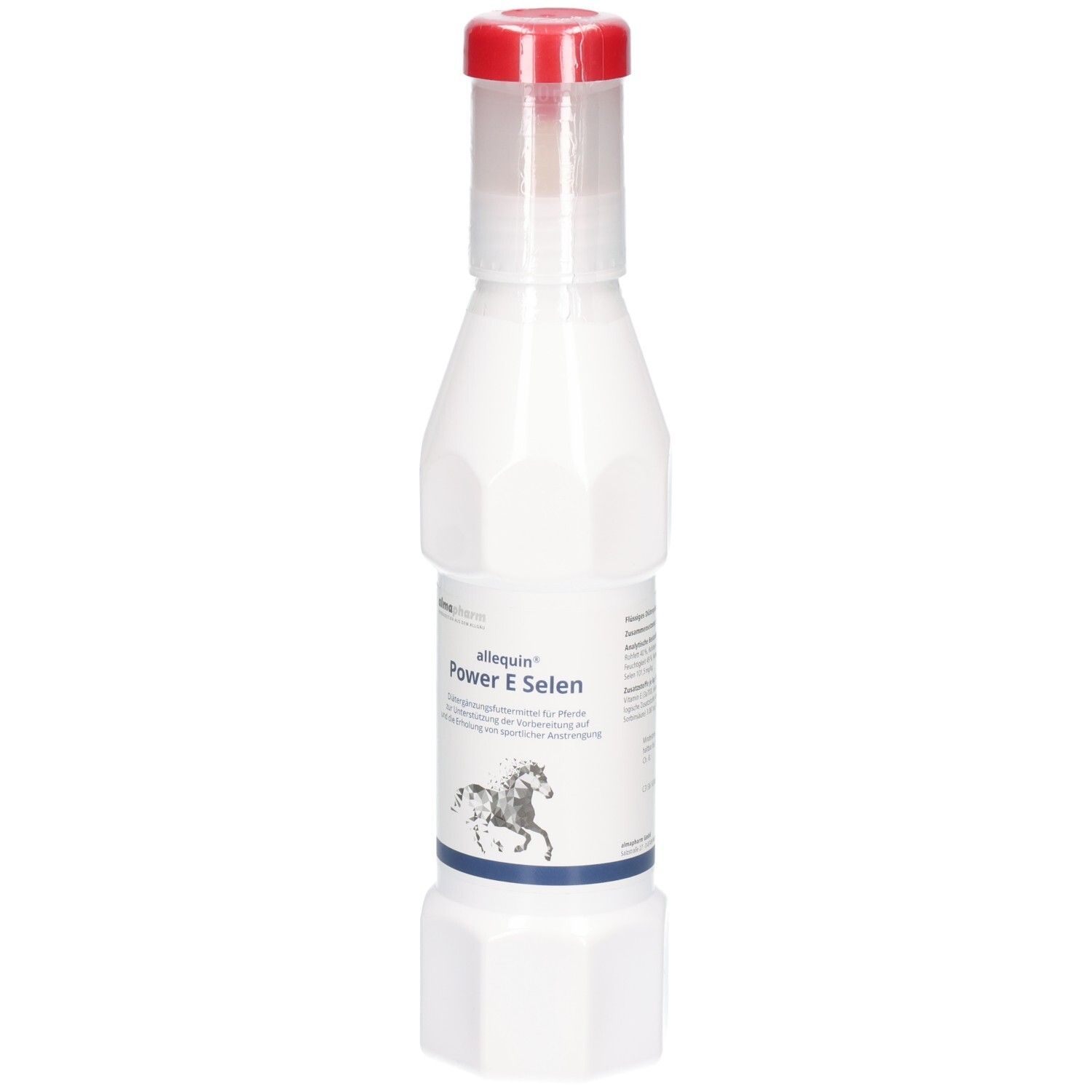 Weiße Flasche mit rotem und klarem Verschluss, Etikett mit "allequin Power E Selen".
