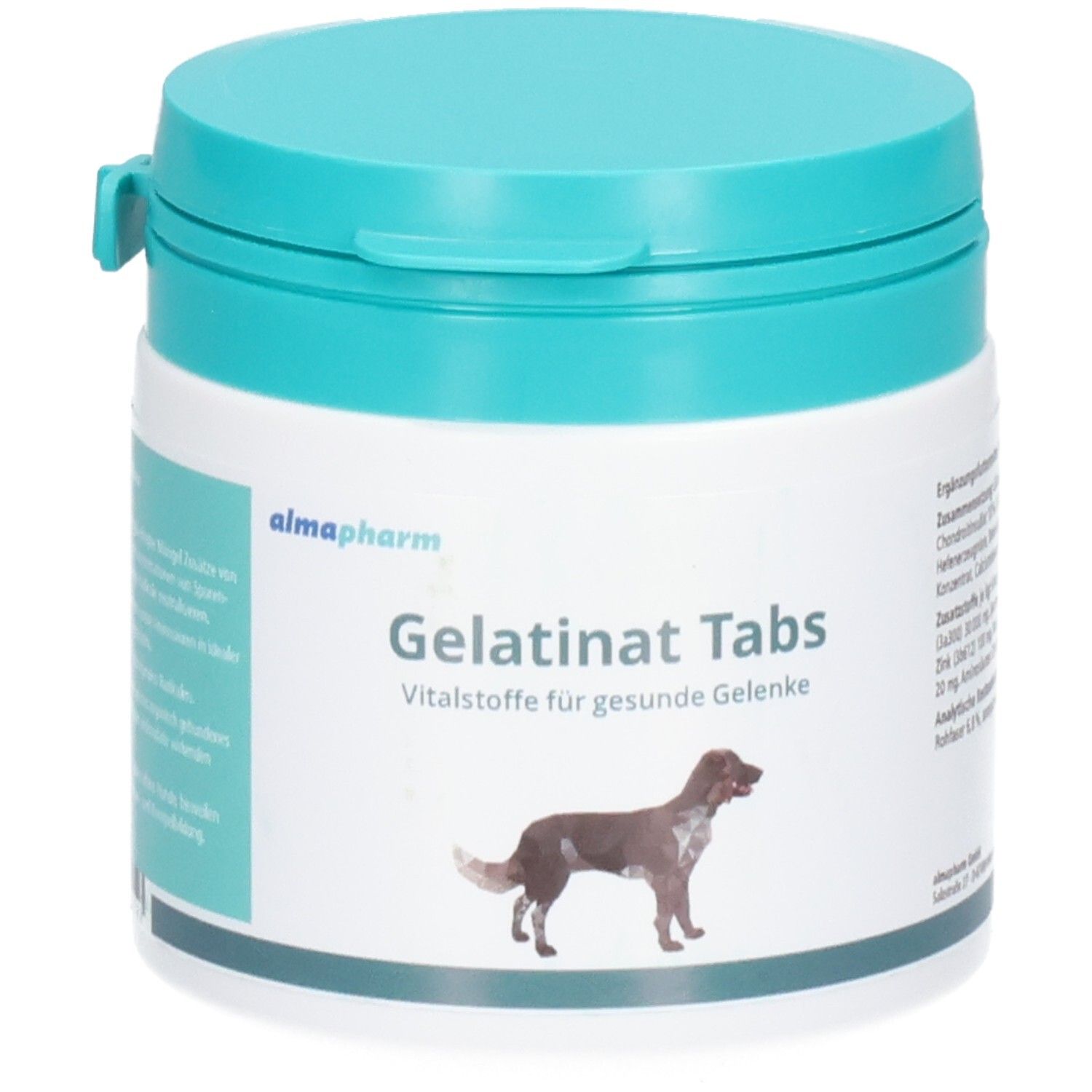 Almapharm Gelatinat Tabs: Vitalstoffe für gesunde Gelenke, mit Hundemotiv.