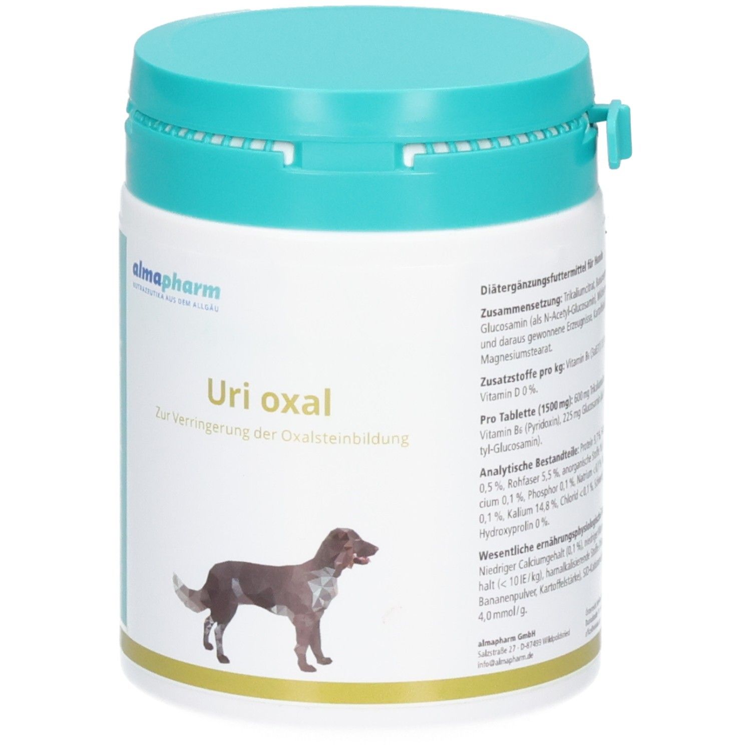 Almapharm Uri oxal Dose mit Hundebild. Diätergänzungsfuttermittel zur Verringerung der Oxalsteinbildung.