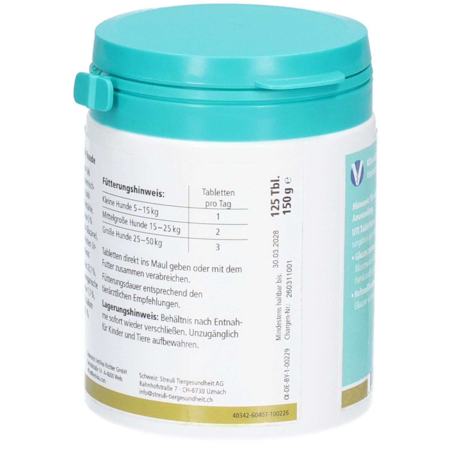 Dose mit 125 Tabletten, 150g, für Hunde, mit Fütterungshinweis.