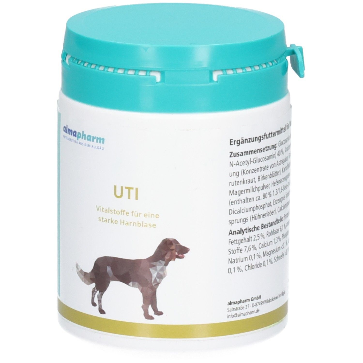 Almapharm UTI Ergänzungsfuttermittel für Hunde mit Illustration eines Hundes.