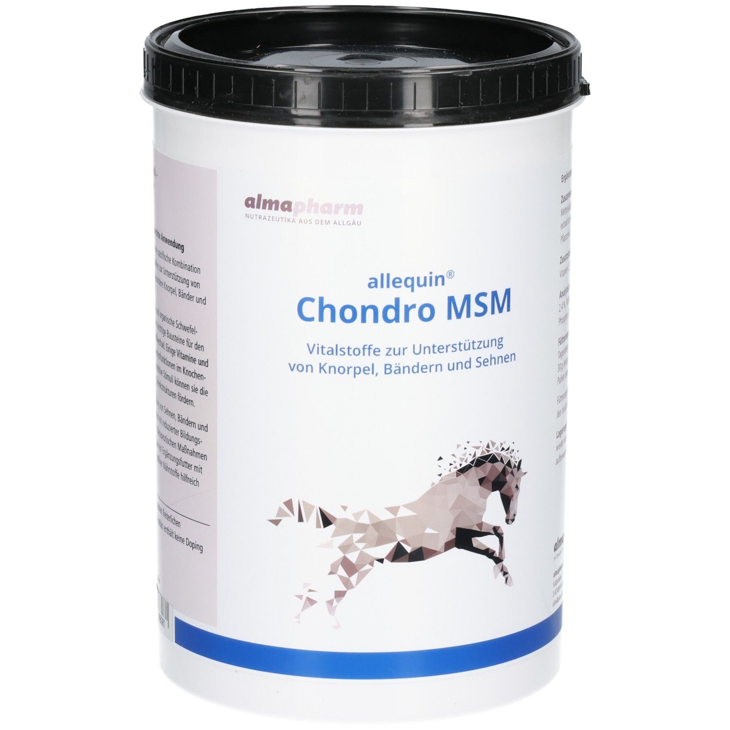 Behälter mit "allequin Chondro MSM" Aufschrift und einem stilisierten Pferd.