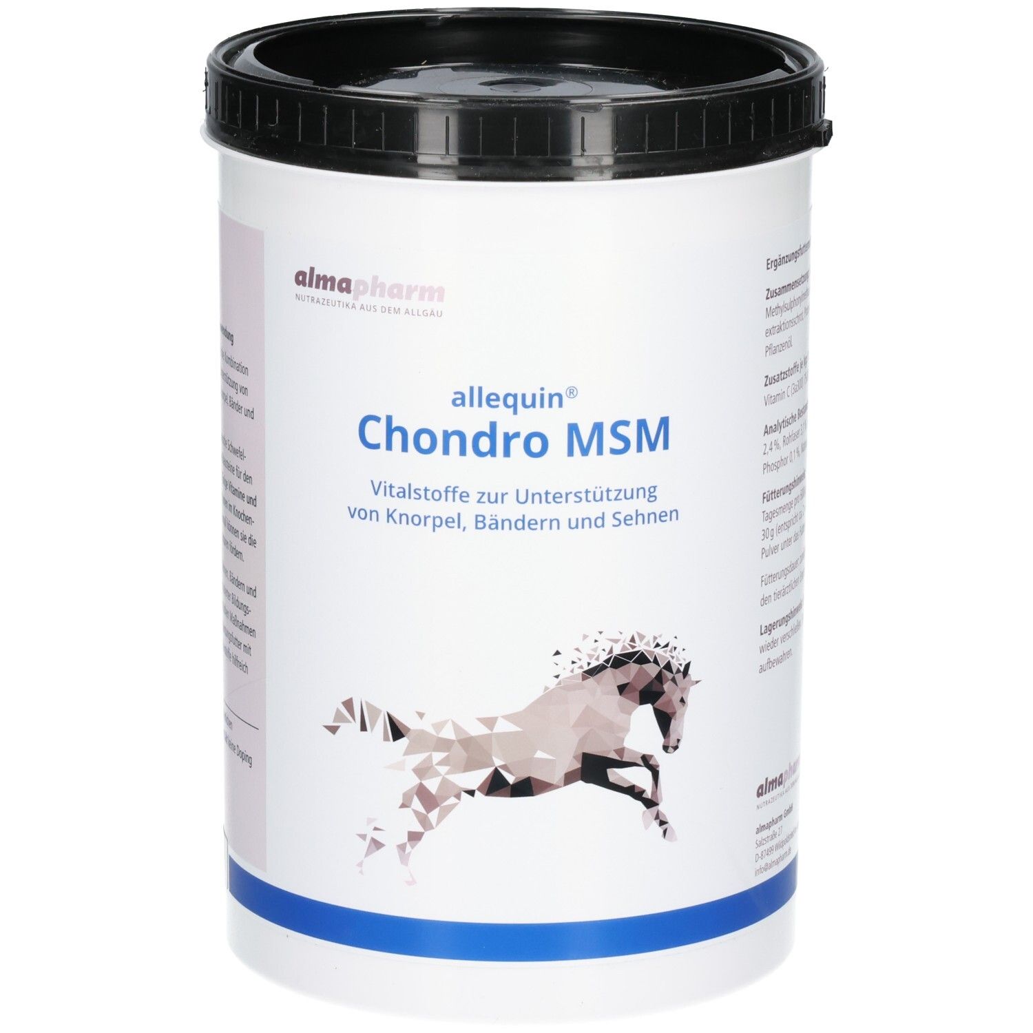 Weißer Behälter mit blauem und weißem Etikett, enthält Pulver. Beschriftung: "allequin® Chondro MSM".