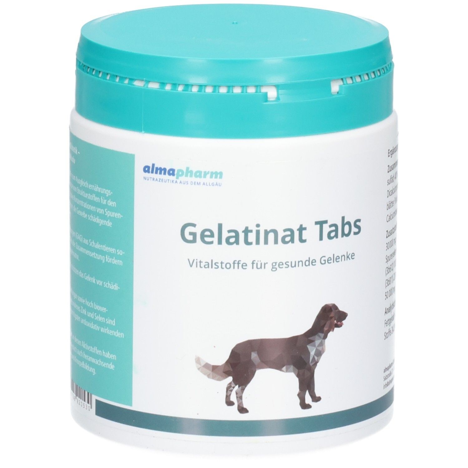 Almapharm Gelatinat Tabs, Vitalstoffe für gesunde Gelenke. Dose mit Abbildung eines Hundes.