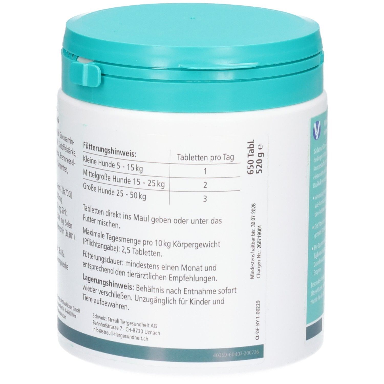 Weißer Behälter mit türkisfarbenem Deckel, enthält 650 Tabletten, 520g. Fütterungshinweis für Hunde.
