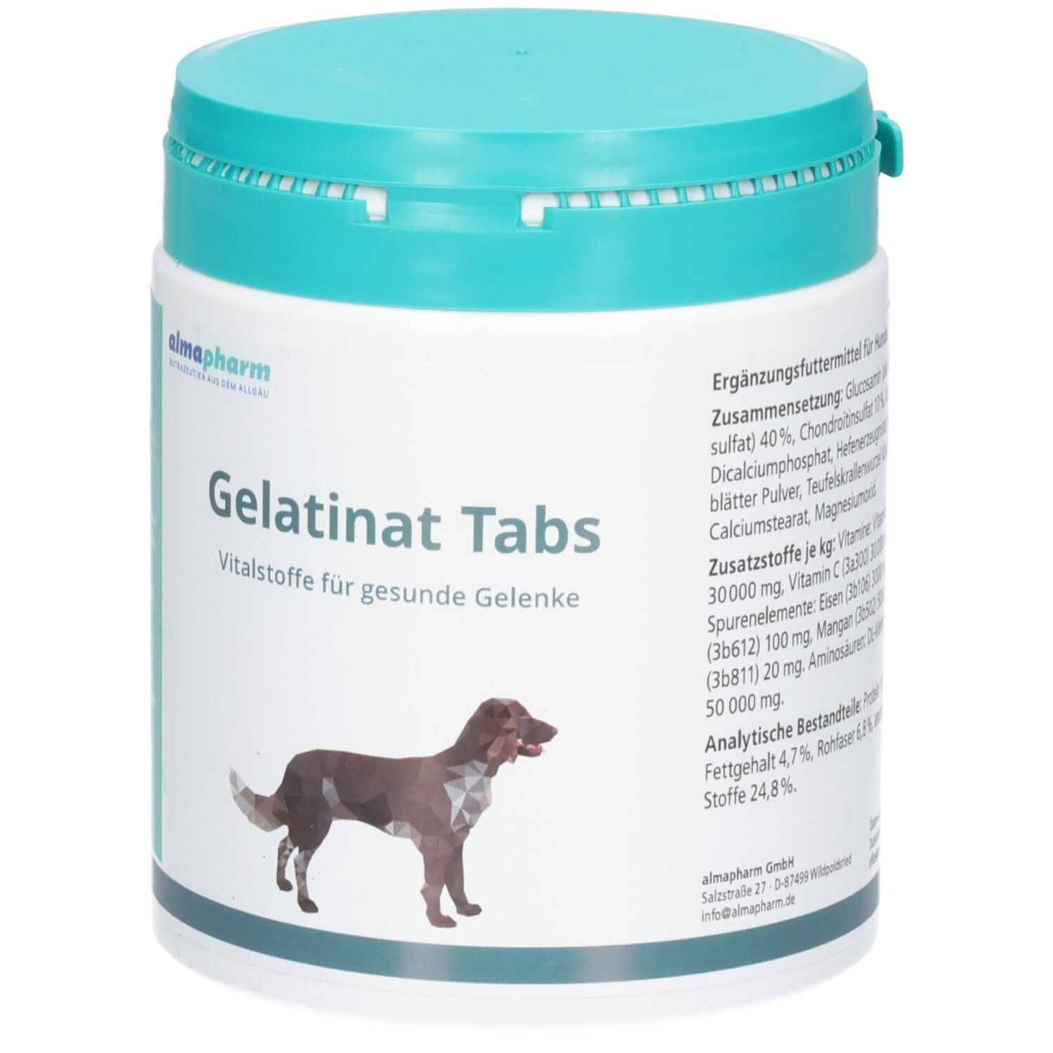 Dose mit "Gelatinat Tabs" für Gelenke, mit Abbildung eines Hundes und Zutatenliste.