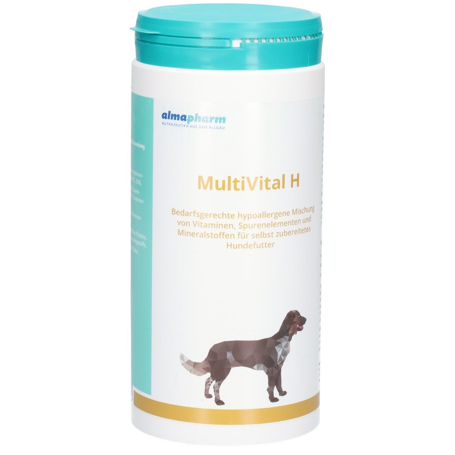 Almapharm MultiVital H: Weißer Behälter mit türkisfarbenem Deckel. Enthält eine hypoallergene Mischung für Hunde.