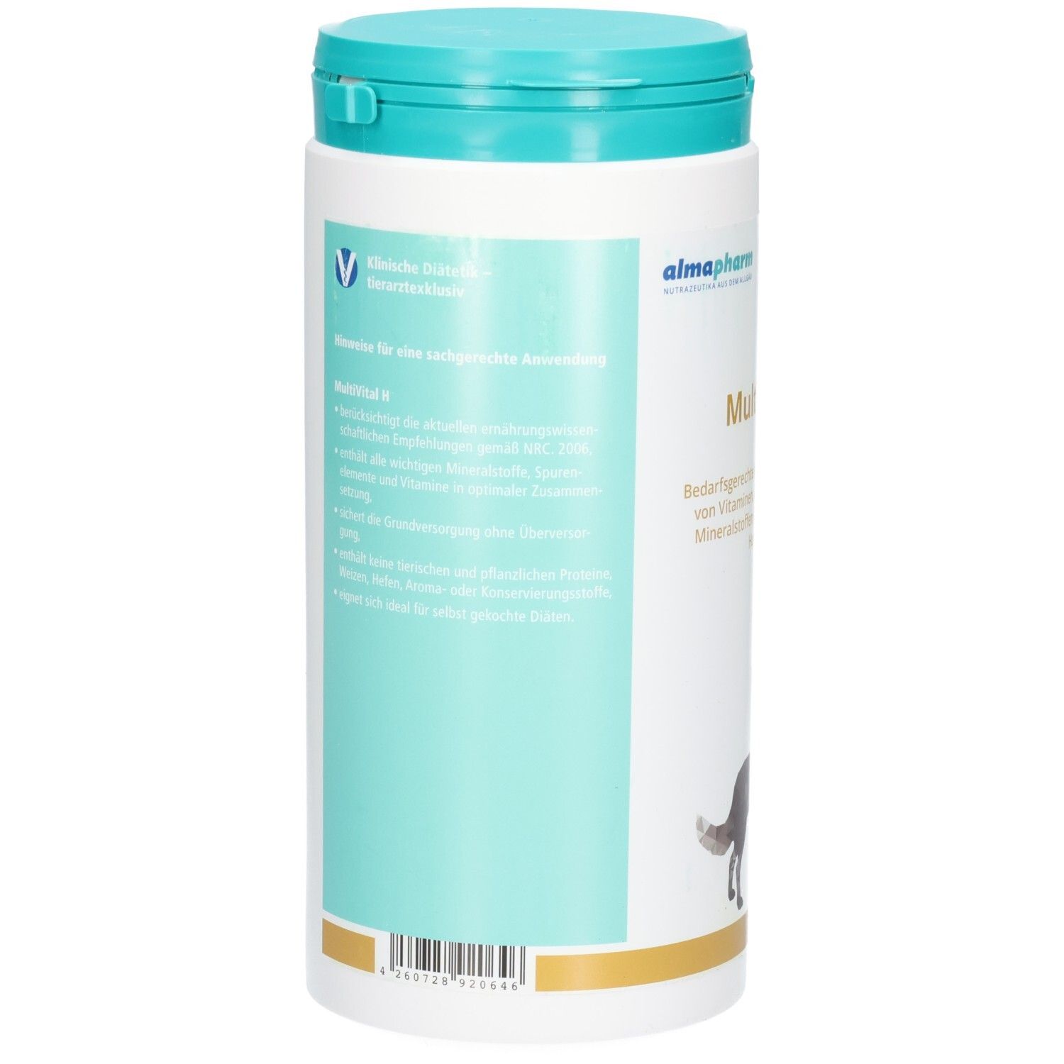Rückseite des Almapharm MultiVital H Behälters mit Hinweisen zur Anwendung und Zusammensetzung.