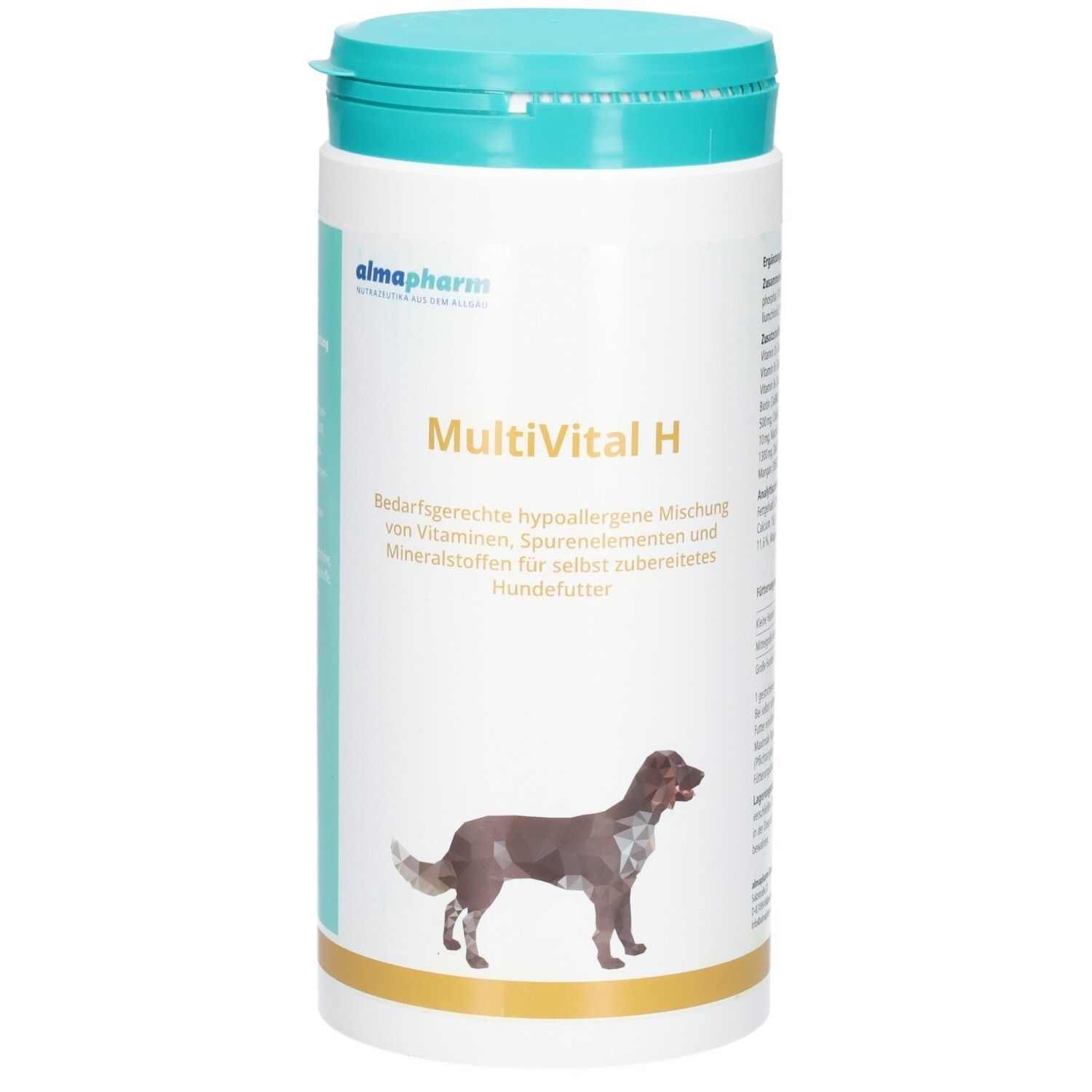 Almapharm MultiVital H: Weißer Behälter mit türkisfarbenem Deckel, zeigt eine hypoallergene Mischung für Hunde.