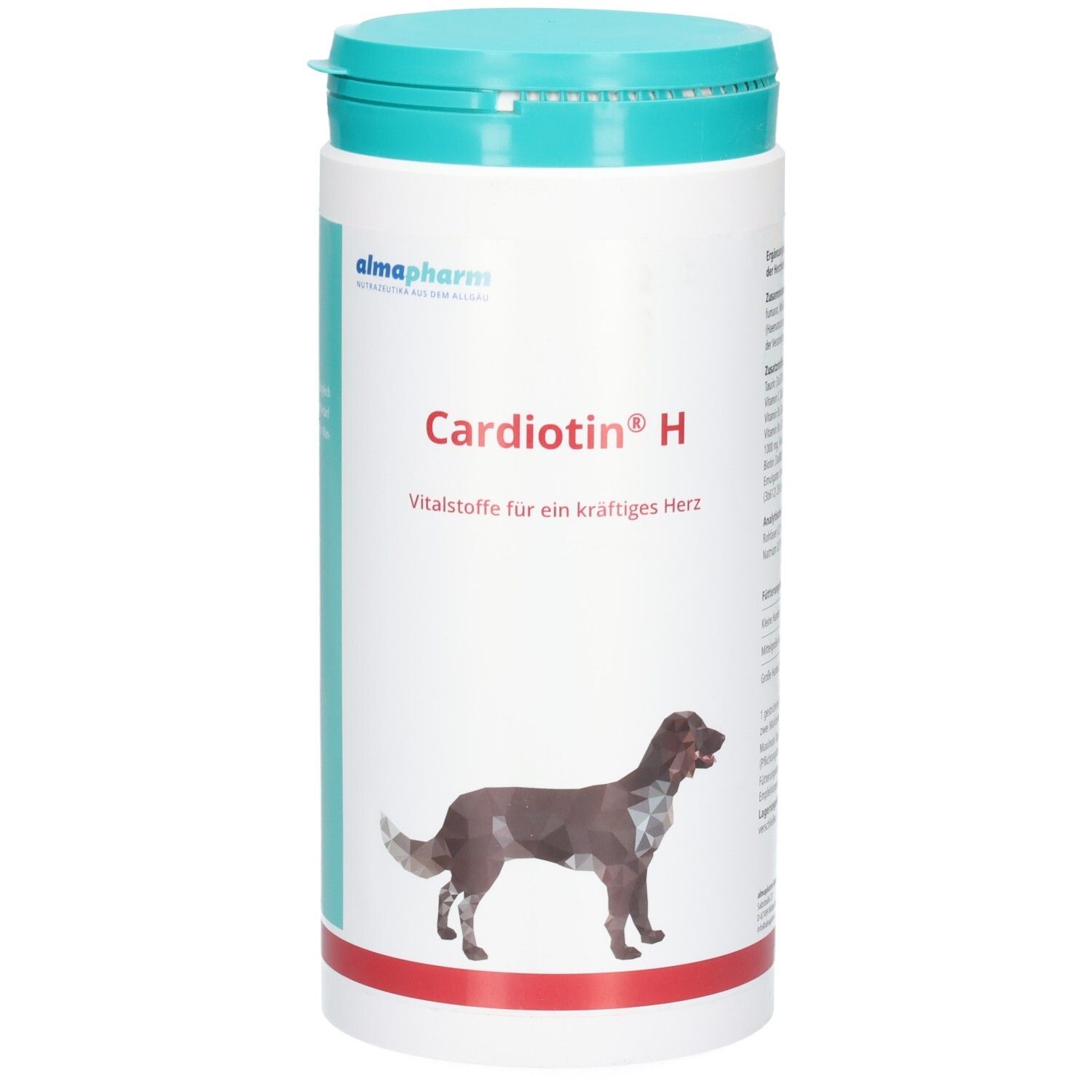 Dose mit blaugrünem Deckel, 'Cardiotin H' Vitalstoffe für Hunde.