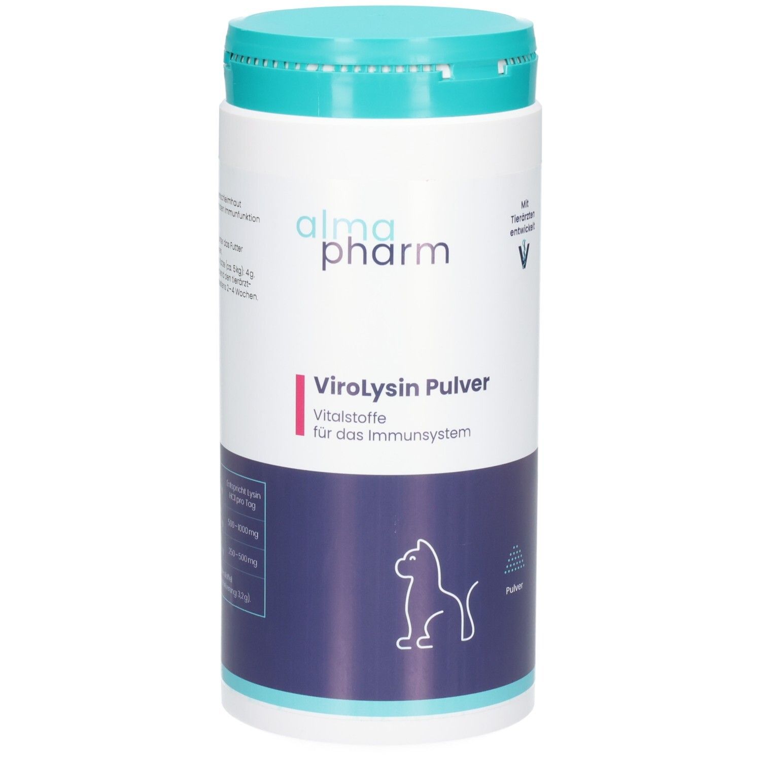 Almapharm ViroLysin Pulver Vitalstoffe für das Immunsystem in weißem Behälter mit türkisfarbenem Deckel. Abbildung einer Katze.