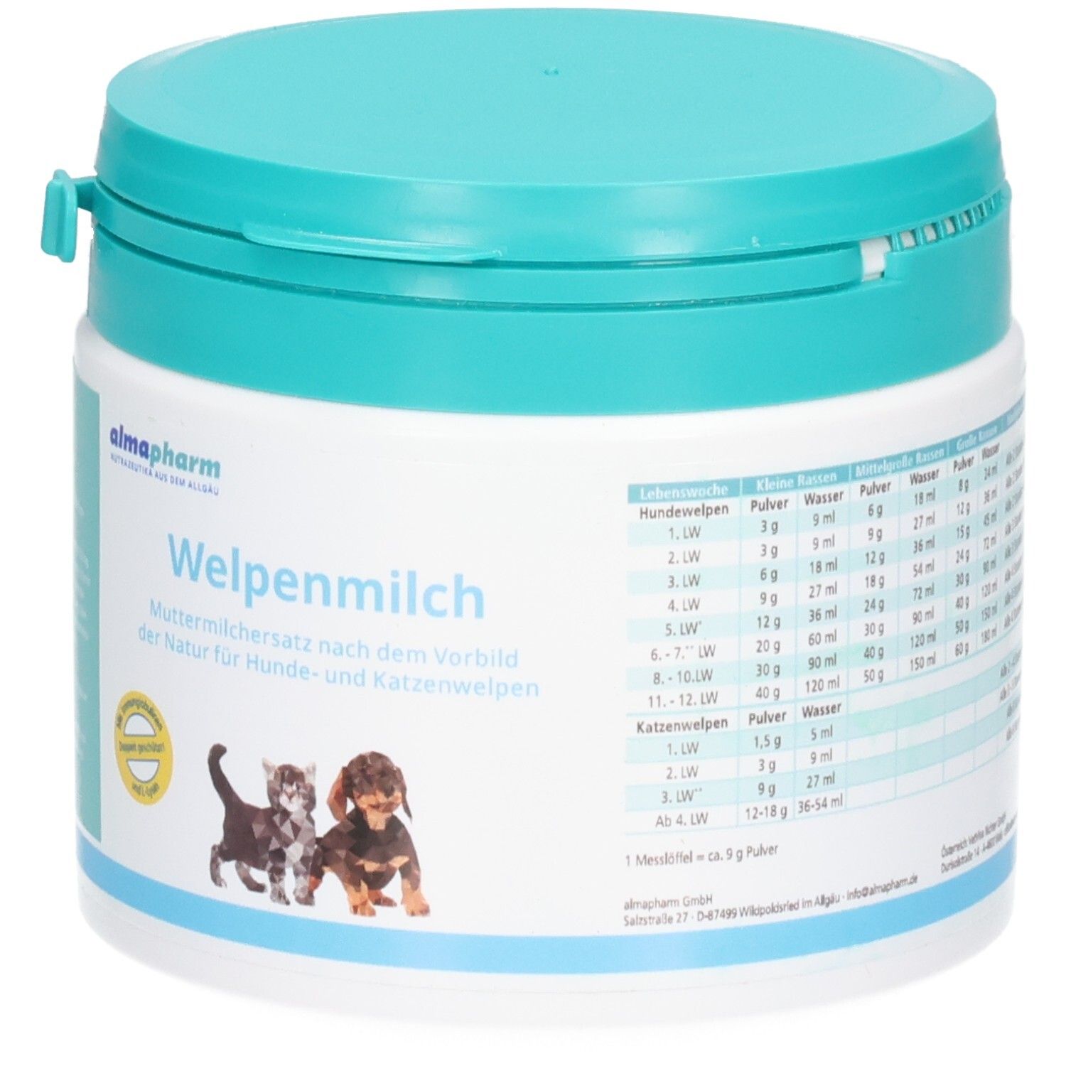 Almapharm Welpenmilch Pulver in weißem Behälter mit türkisfarbenem Deckel. Enthält Abbildung von zwei Welpen.