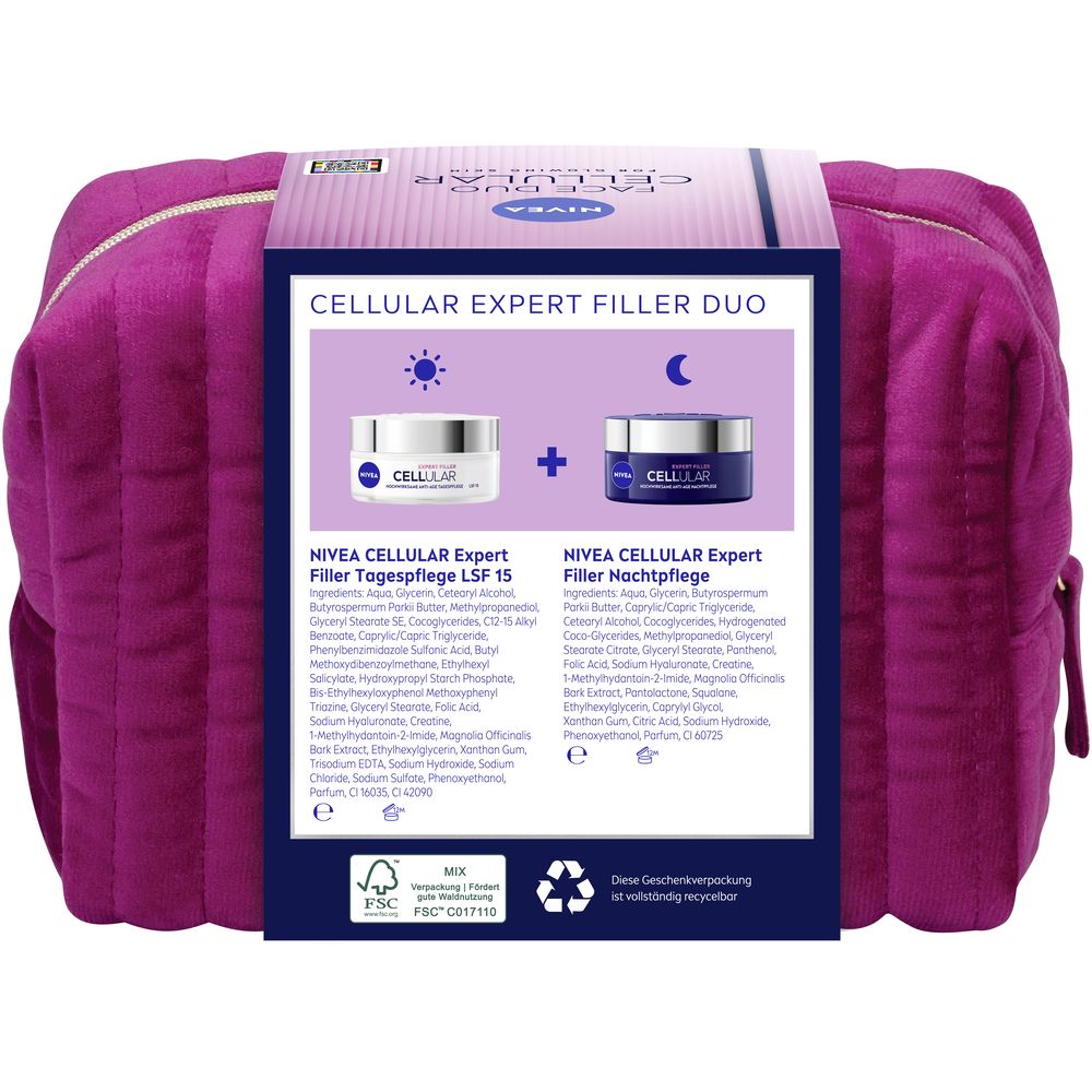 Nivea Cellular Expert Filler Duo Kosmetiktasche mit Tages- und Nachtcreme.