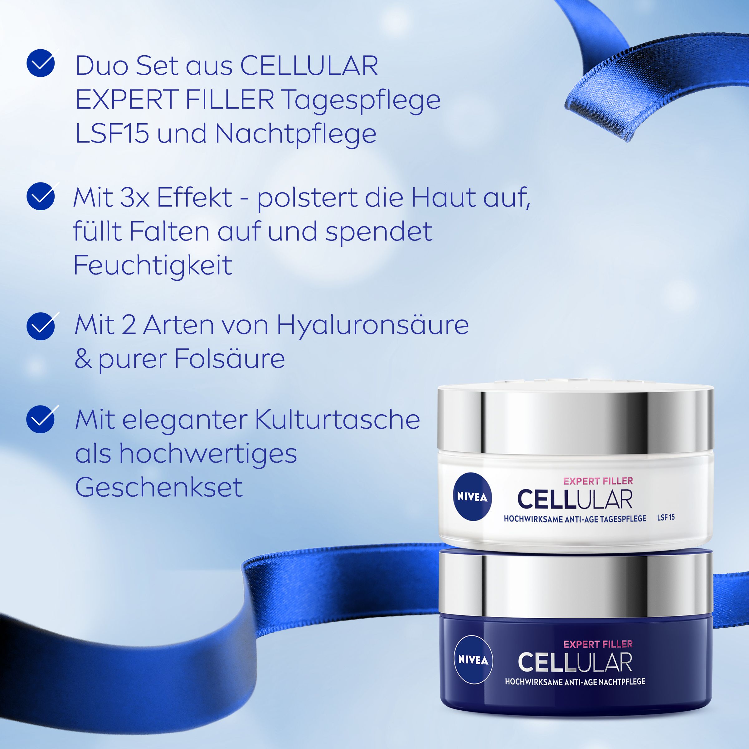 Nivea Cellular Expert Filler Duo Set: Tagespflege LSF15 und Nachtpflege in eleganten Tiegeln, mit Kosmetiktasche.