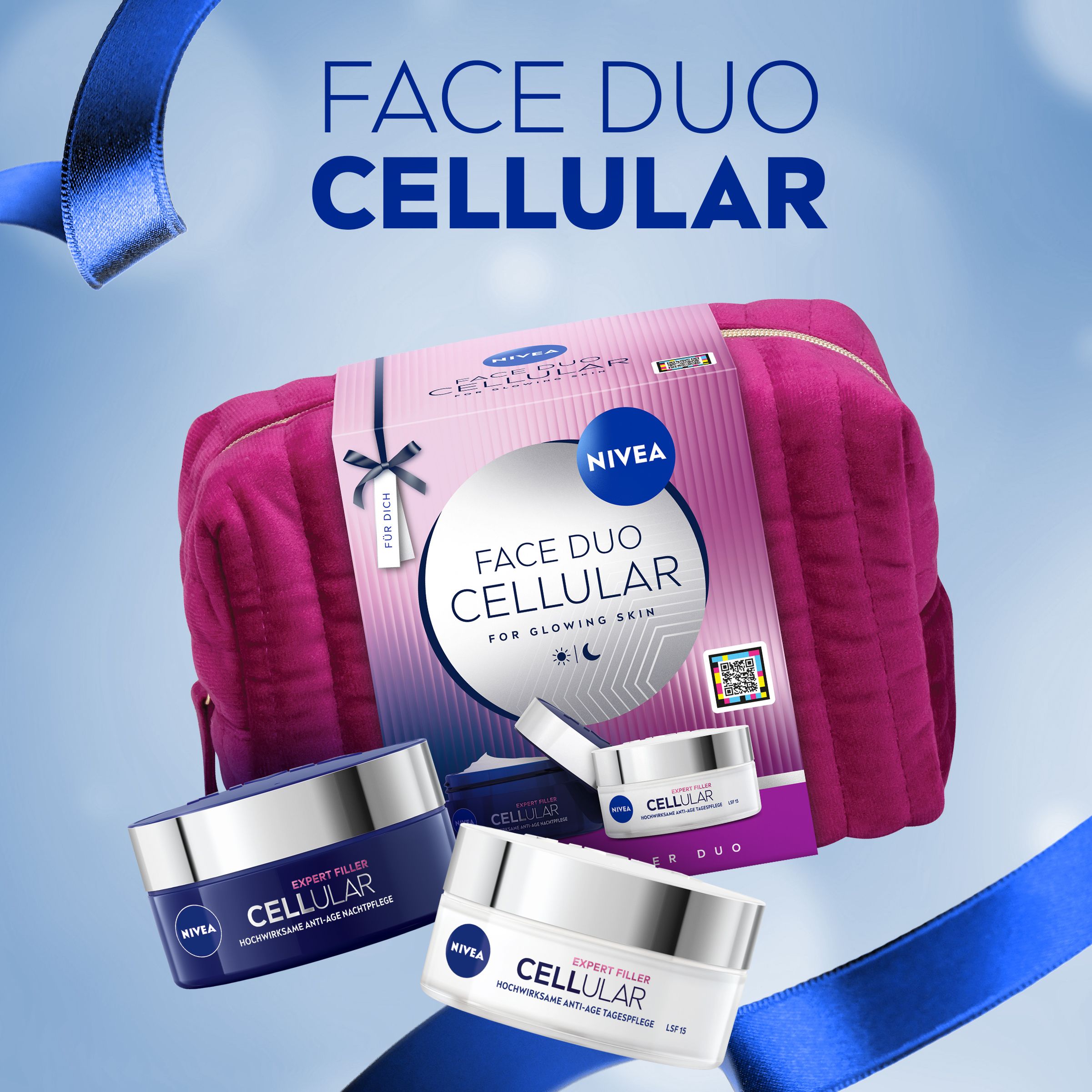 Nivea Face Duo Cellular Set mit Kosmetiktasche und zwei Cremetiegeln.