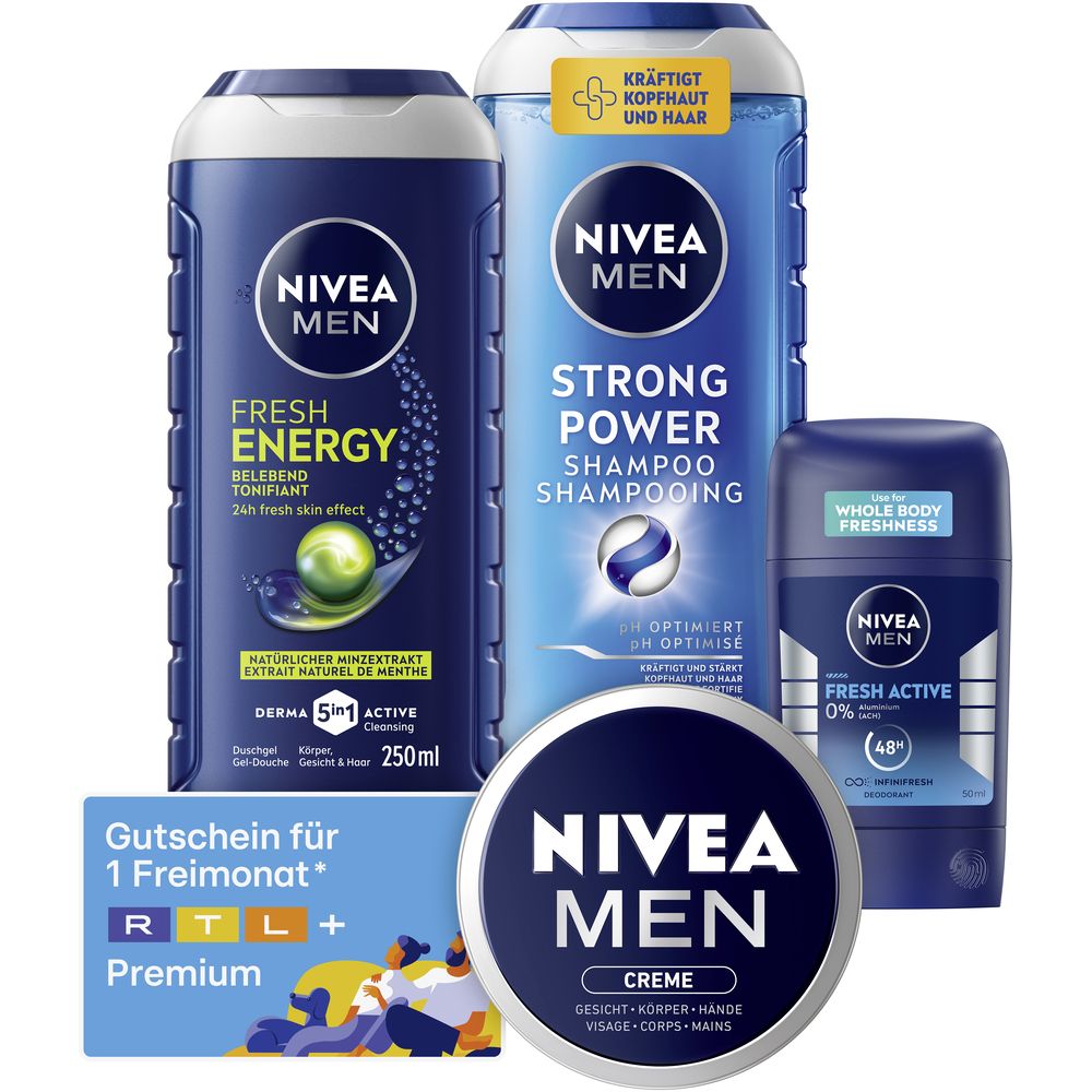 NIVEA MEN Duschgel, Shampoo, Deo und Creme, inklusive RTL+ Premium Gutschein.