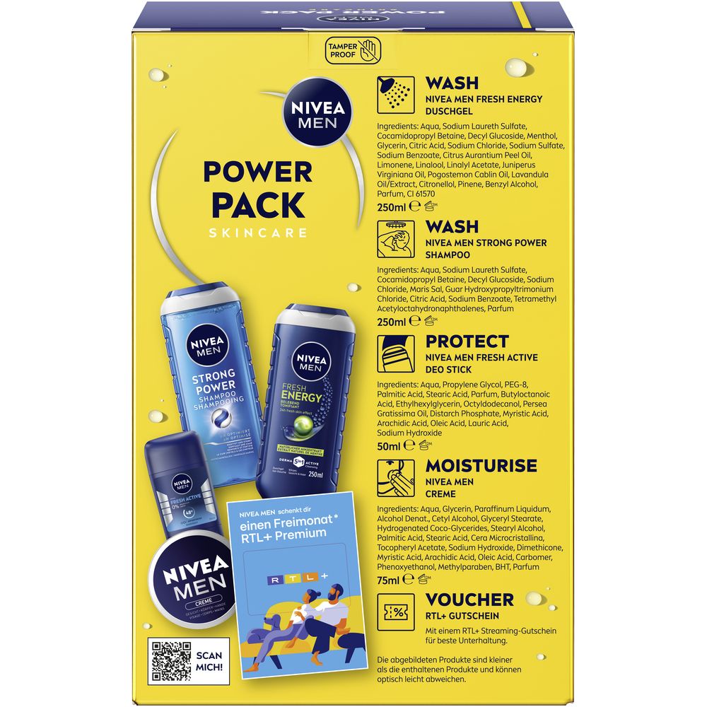 Rückseite einer Nivea Men Power Pack Skincare Geschenkbox mit Duschgel, Shampoo, Deostick, Creme und Gutschein.