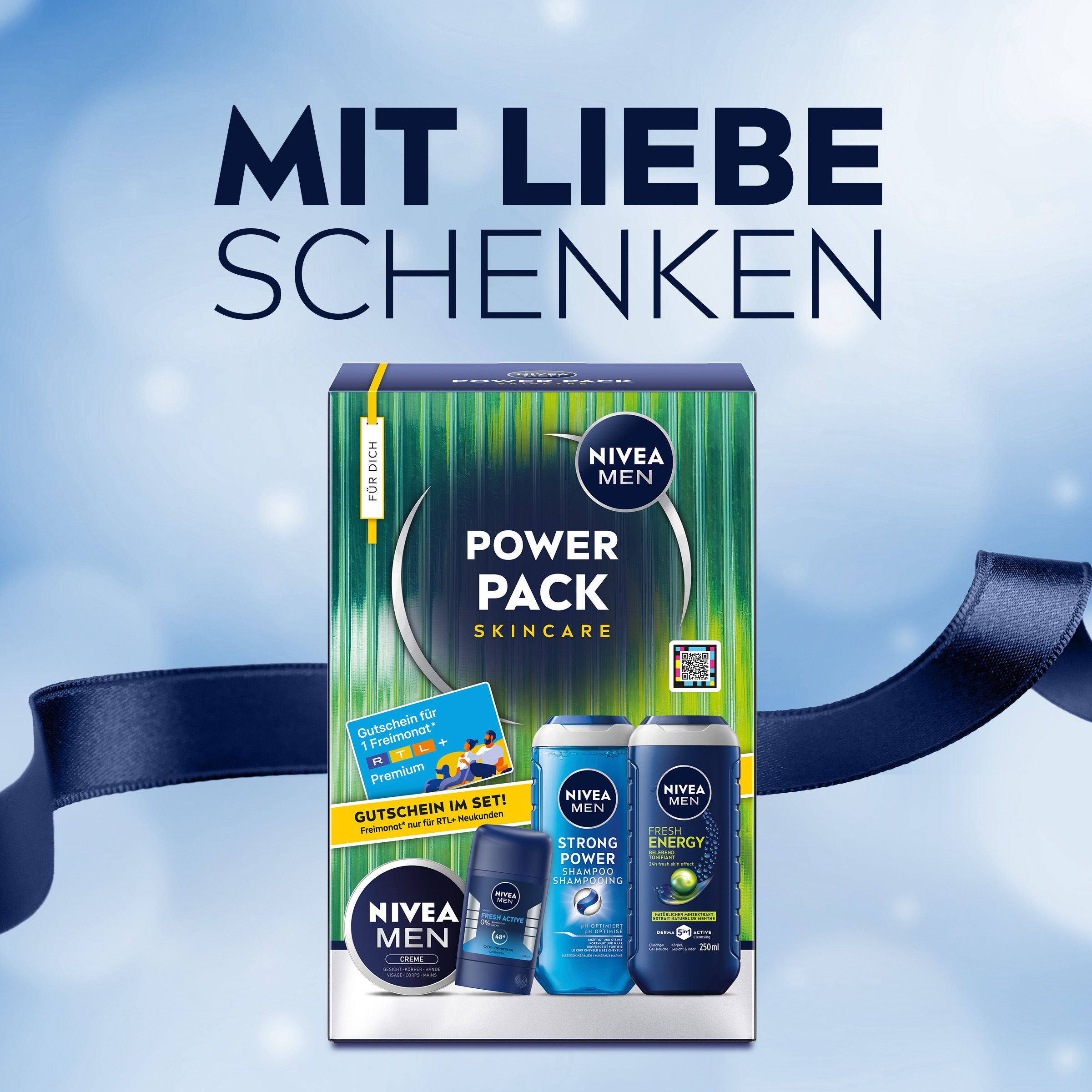 NIVEA MEN Power Pack Skincare Geschenkset, verpackt mit blauem Band.