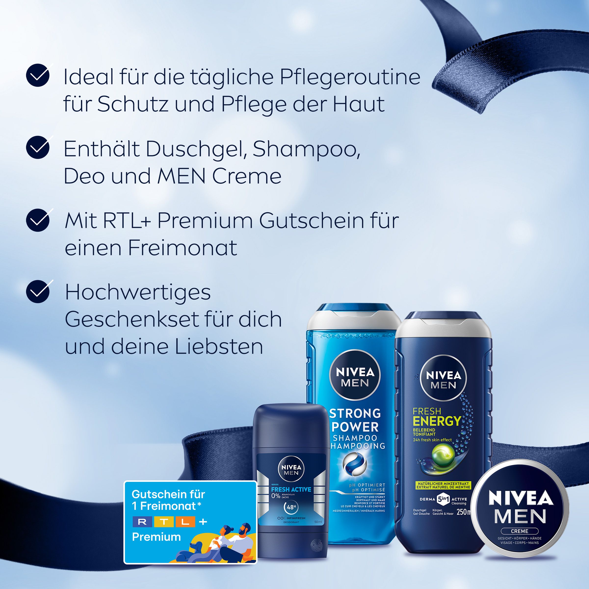 Inhalt des NIVEA MEN Power Pack Skincare Geschenksets: Duschgel, Shampoo, Deo, Creme.