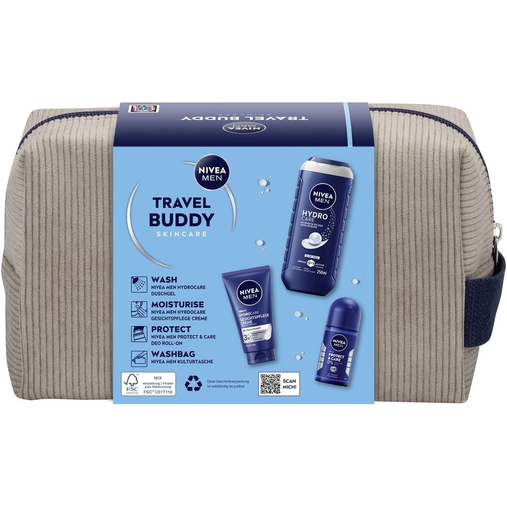 NIVEA Men Travel Buddy Kulturtasche mit Duschgel, Gesichtscreme und Deo-Roller.