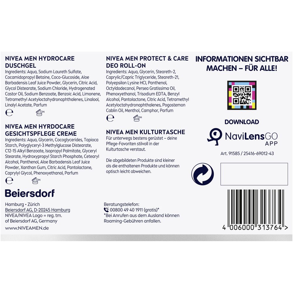 NIVEA MEN Hydro Care Duschgel, Gesichtspflegecreme und Deo Roll-On.