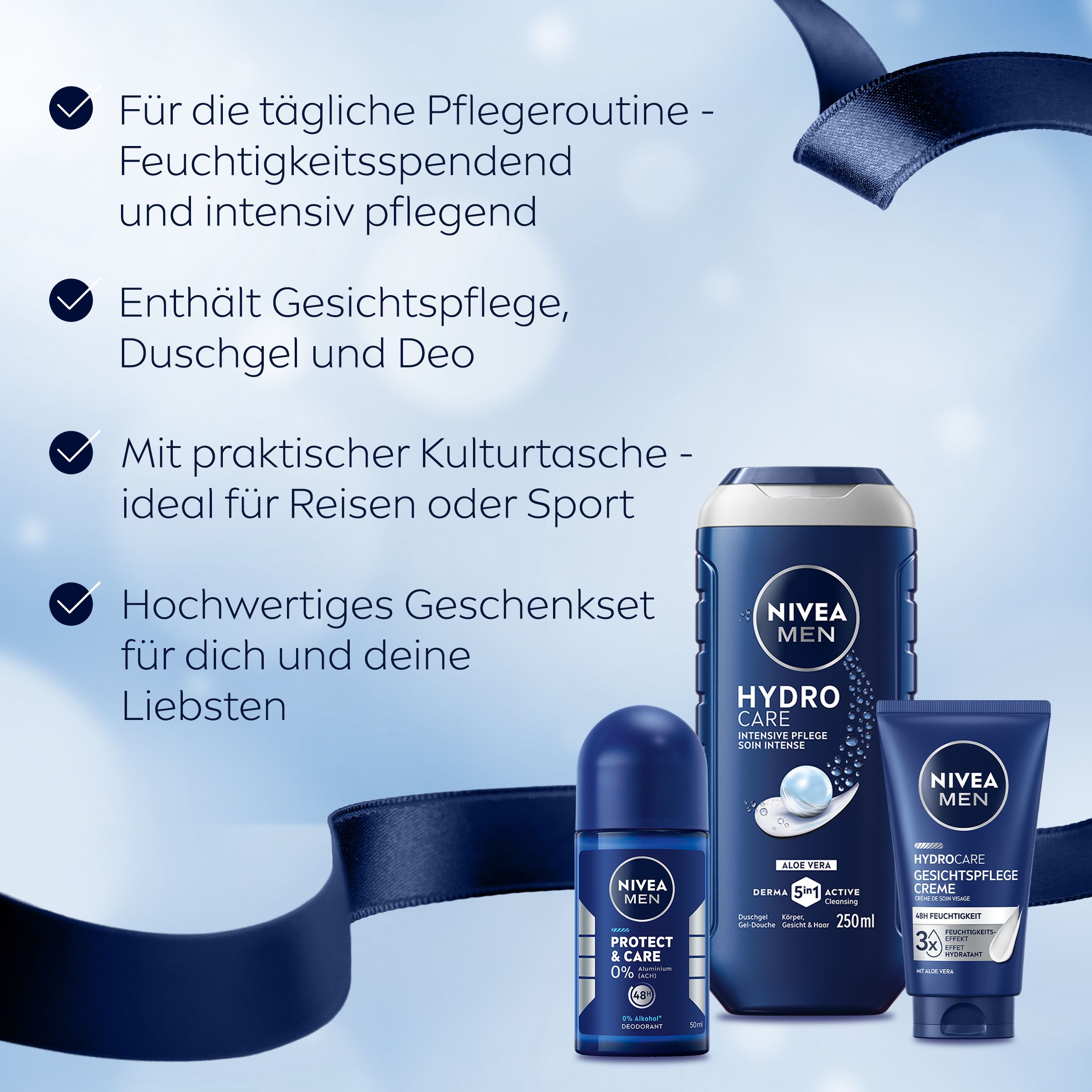 NIVEA Men Travel Buddy Kulturtasche mit Duschgel, Gesichtscreme und Deo-Roller.