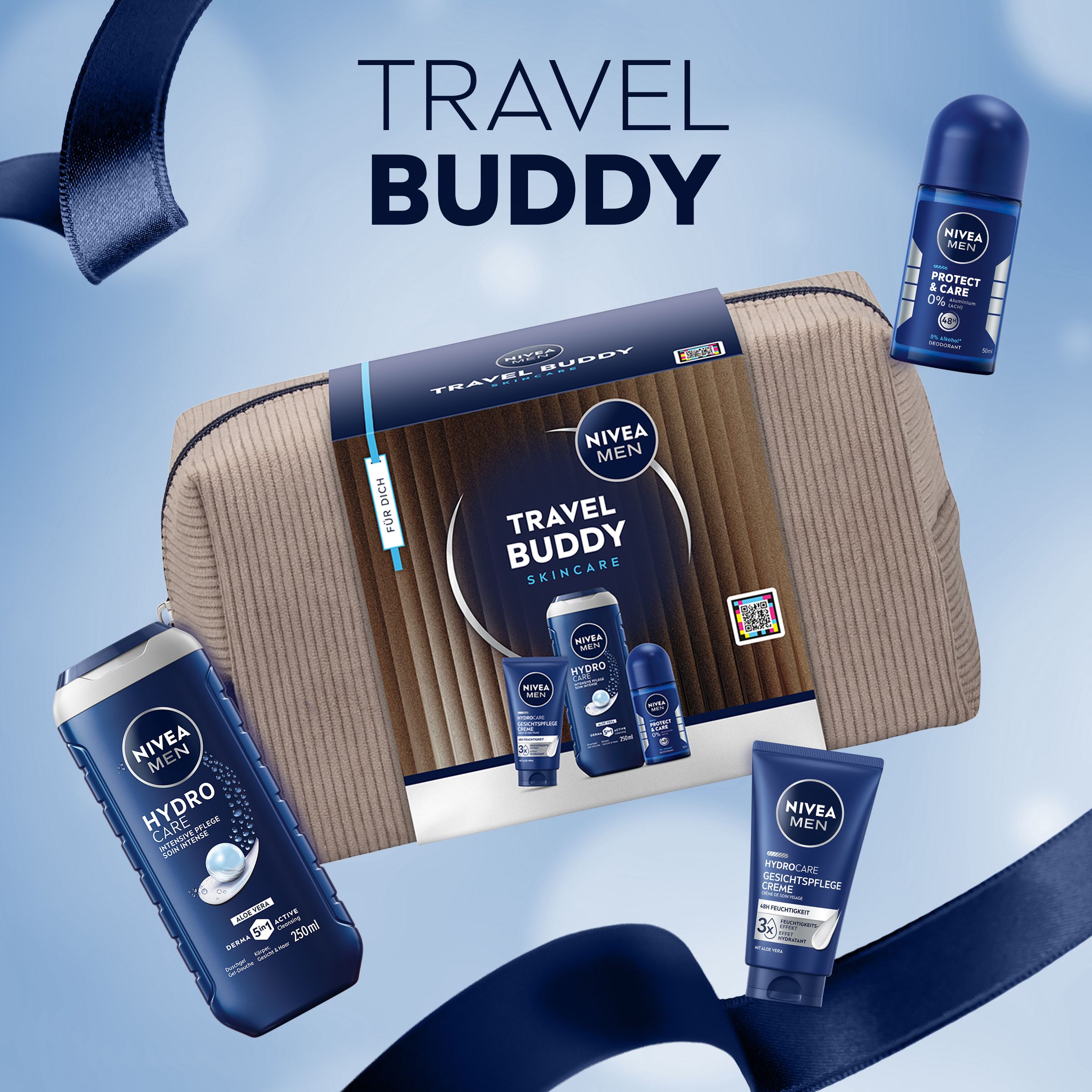 NIVEA MEN Travel Buddy Kosmetiktasche mit Duschgel, Deoroller und Gesichtscreme.